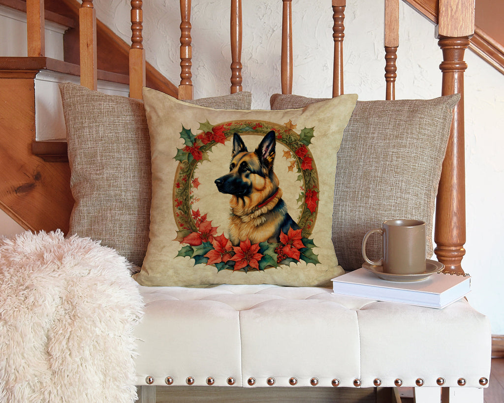 German Shepherd Christmas Flowers Decorative Throw Pillow 14x14 Indoor Outdoor Accent Cushion, Fabric Cover with Insert for Sofa, Bed, Porch & Living Room