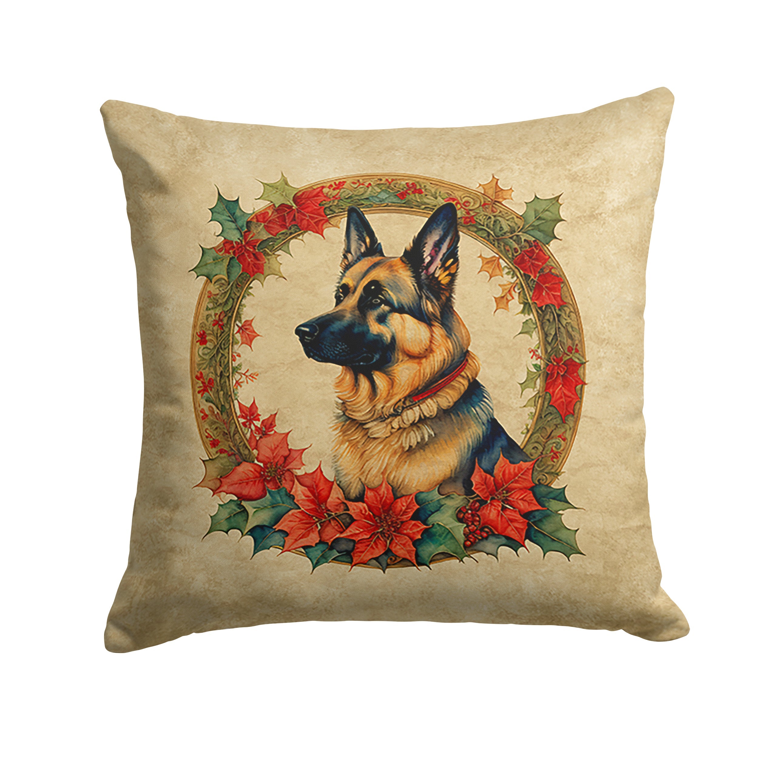 German Shepherd Christmas Flowers Decorative Throw Pillow 18x18 Indoor Outdoor Accent Cushion, Fabric Cover with Insert for Sofa, Bed, Porch & Living Room