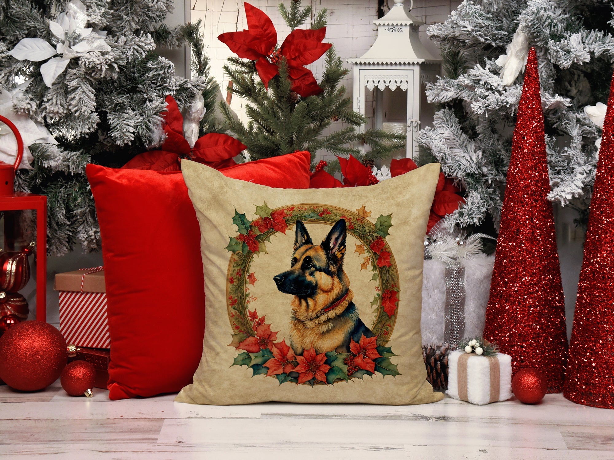 German Shepherd Christmas Flowers Decorative Throw Pillow 18x18 Indoor Outdoor Accent Cushion, Fabric Cover with Insert for Sofa, Bed, Porch & Living Room