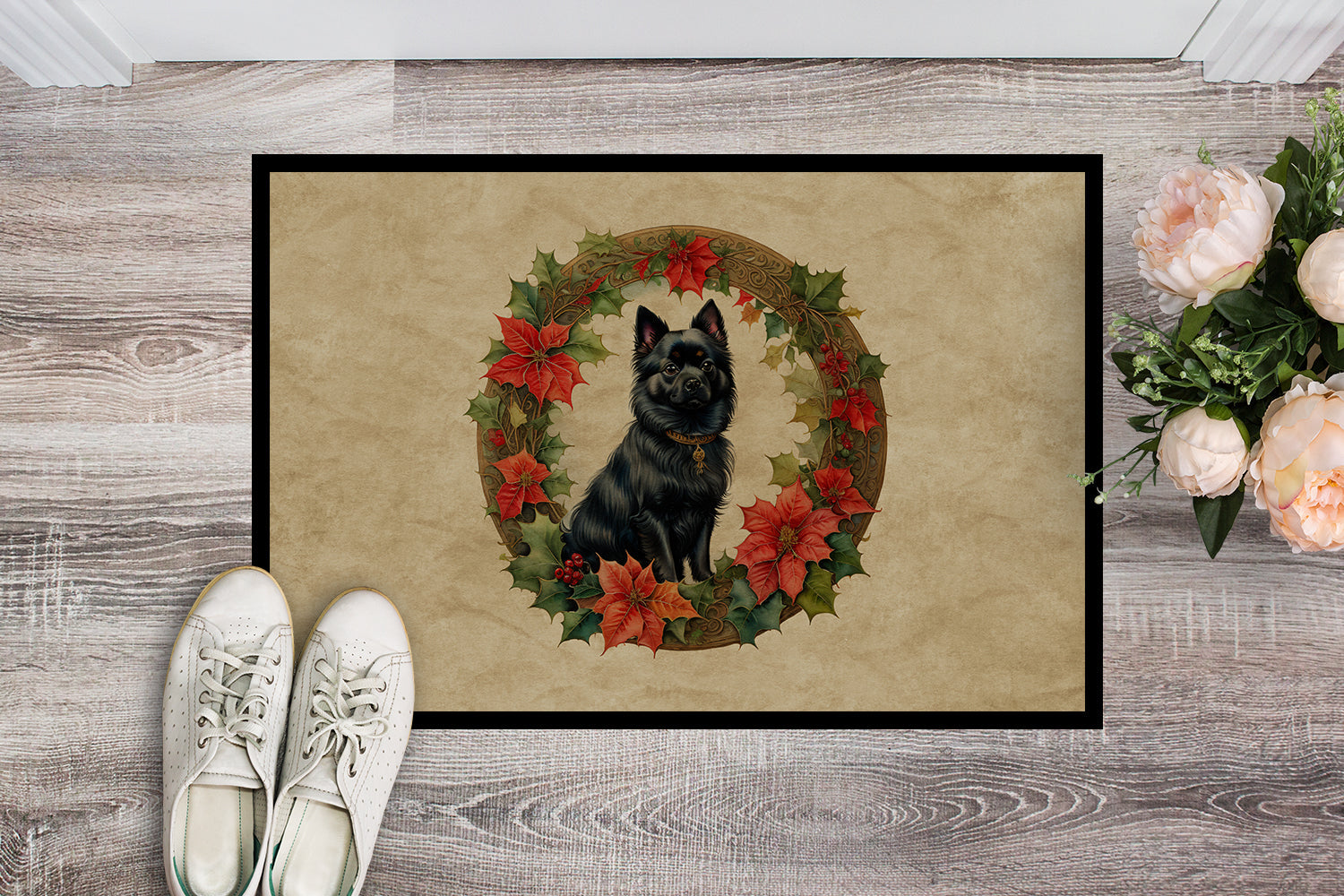 German Spitz Christmas Flowers Doormat Indoor Outdoor 24H X 36W Front Door Mat Rugs for Entryway, Non Slip Washable Low Pile,