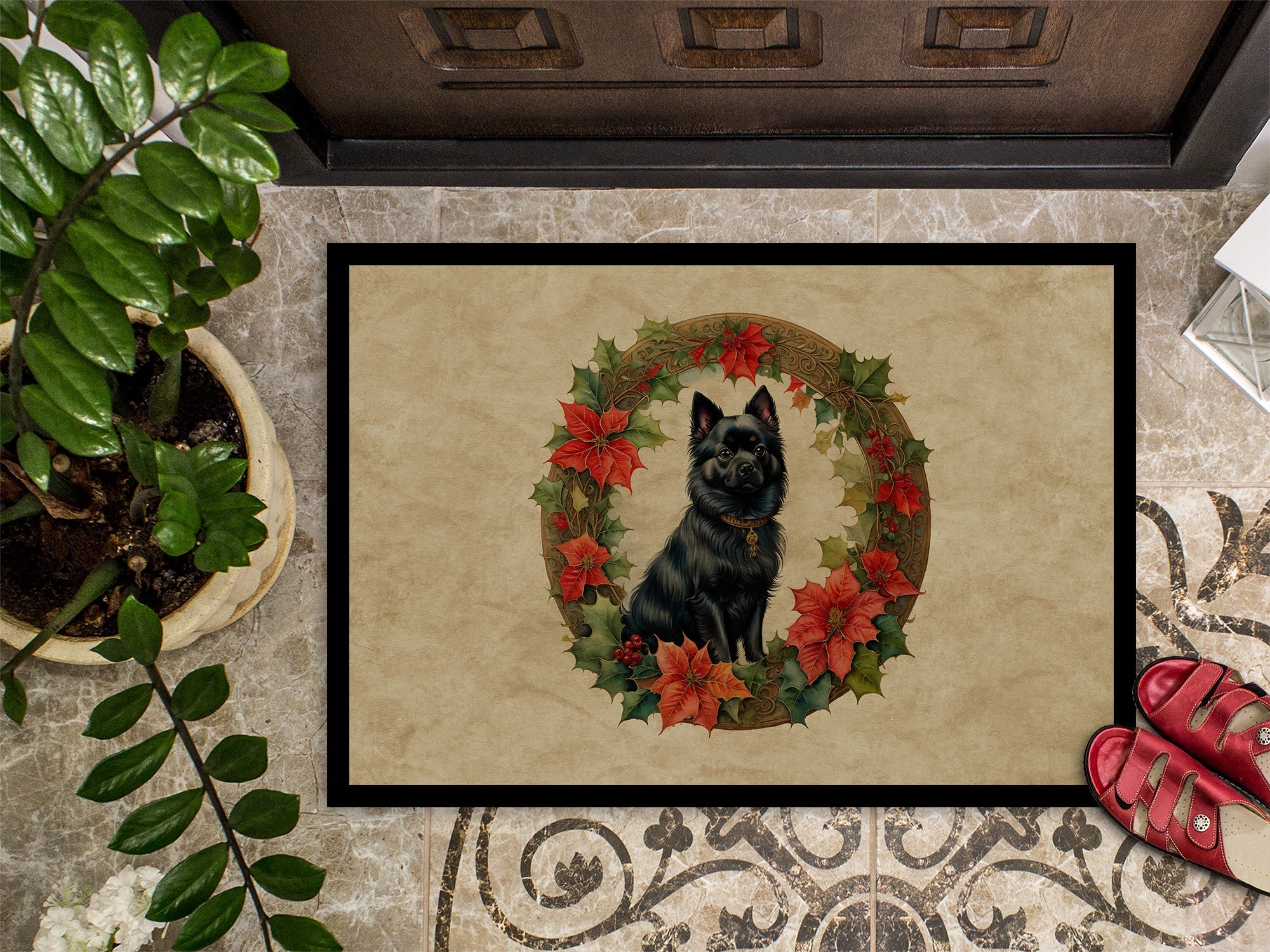 German Spitz Christmas Flowers Doormat Indoor Outdoor 18H X 27W Front Door Mat Rugs for Entryway, Non Slip Washable