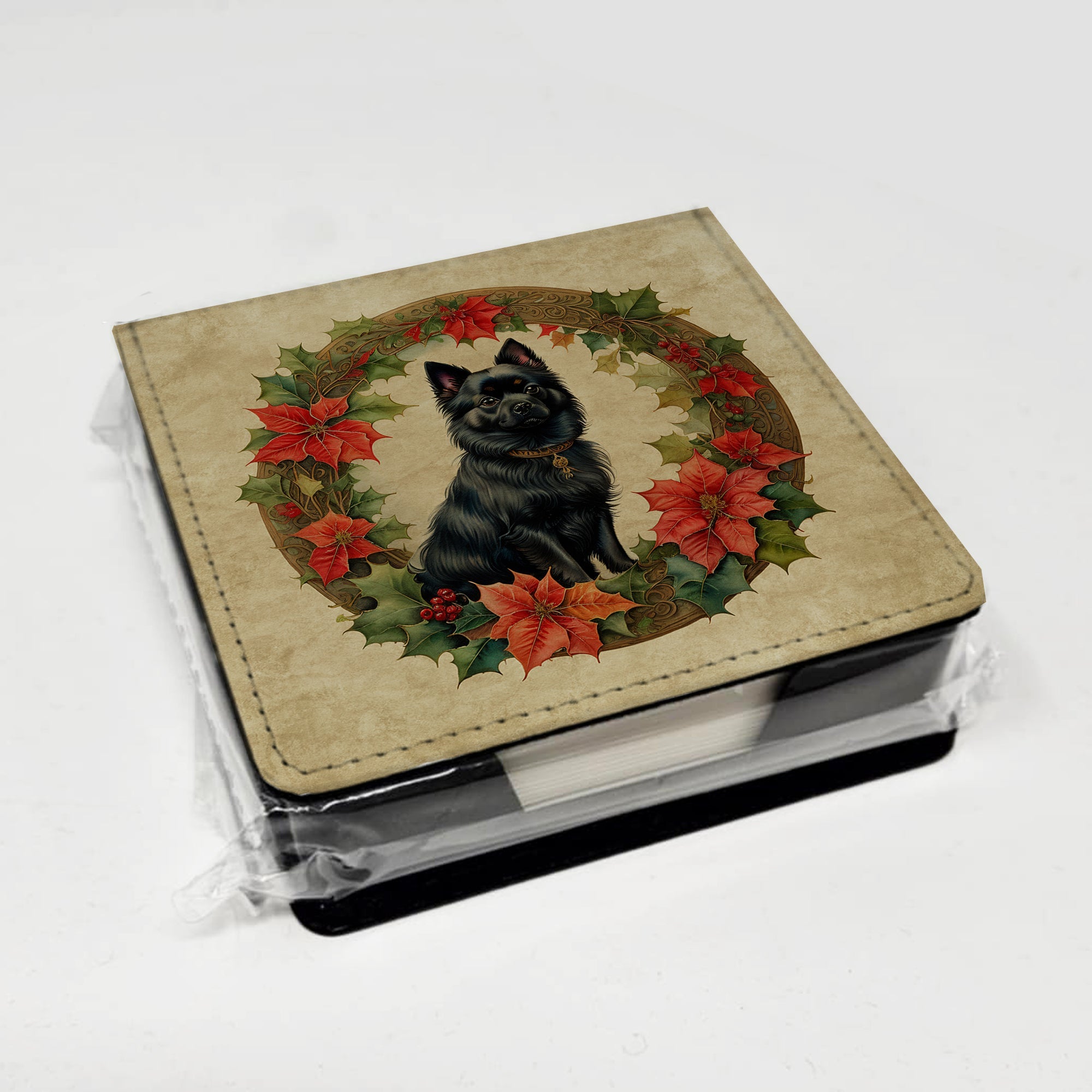 German Spitz Christmas Flowers PU Leather Note Paper Holder with Artist-Designed Cover, Desk Accessory, Office Gift