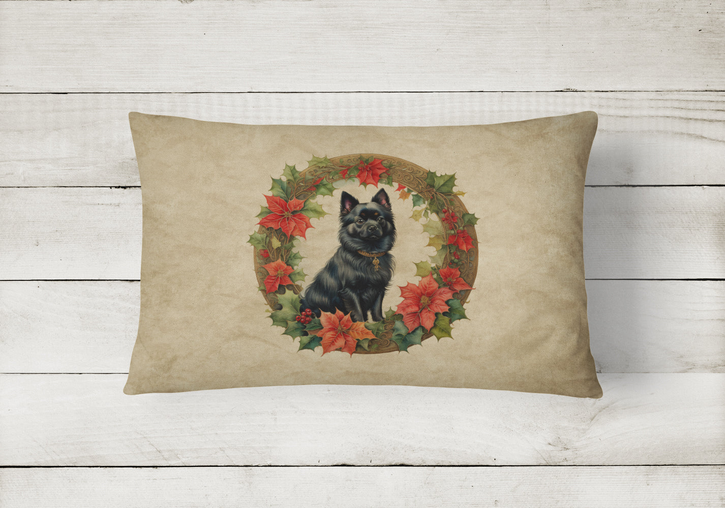 German Spitz Christmas Flowers Decorative Throw Pillow 12x16 Indoor Outdoor Accent Cushion, Fabric Cover with Insert for Sofa, Bed, Porch & Living Room