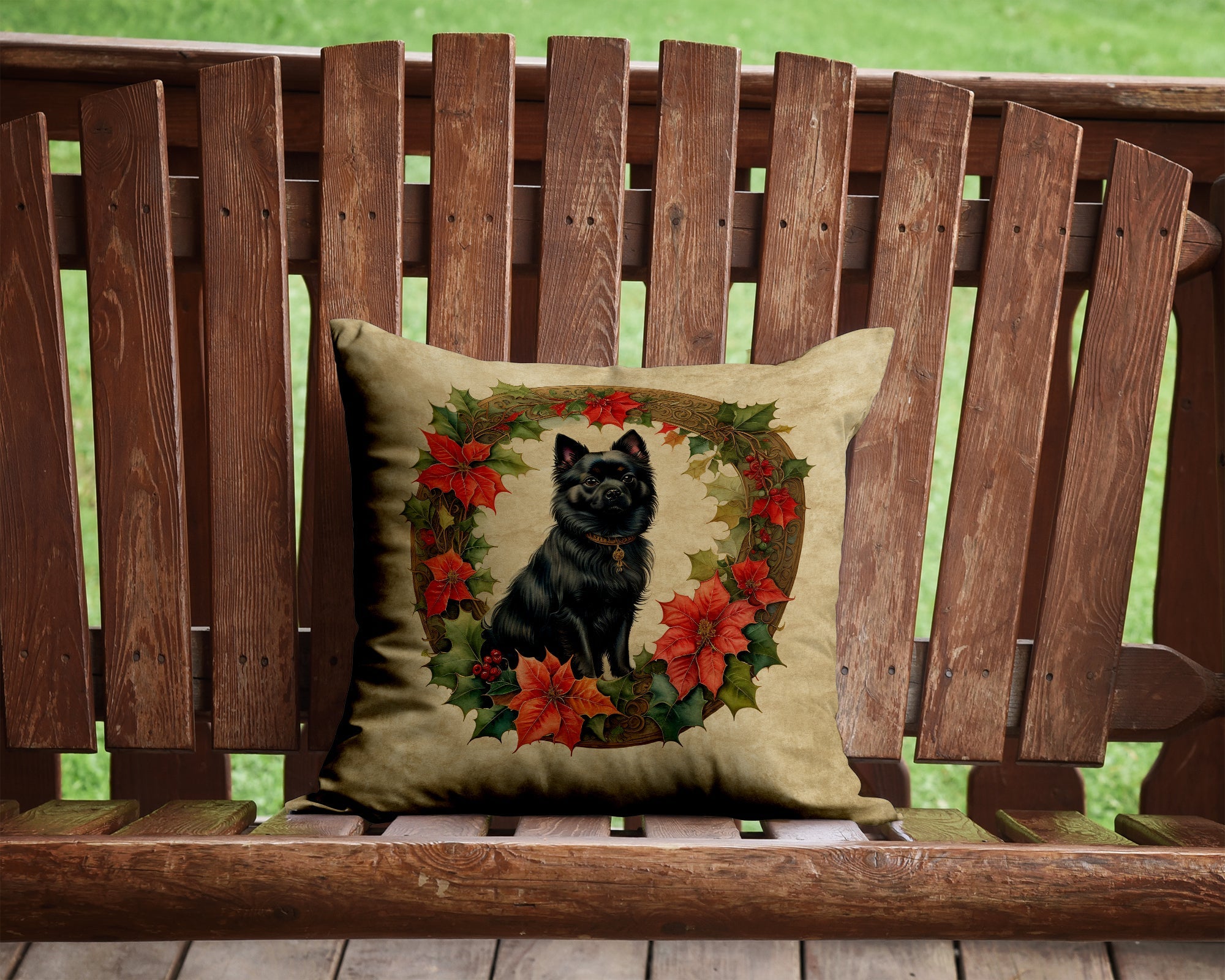 German Spitz Christmas Flowers Decorative Throw Pillow 14x14 Indoor Outdoor Accent Cushion, Fabric Cover with Insert for Sofa, Bed, Porch & Living Room