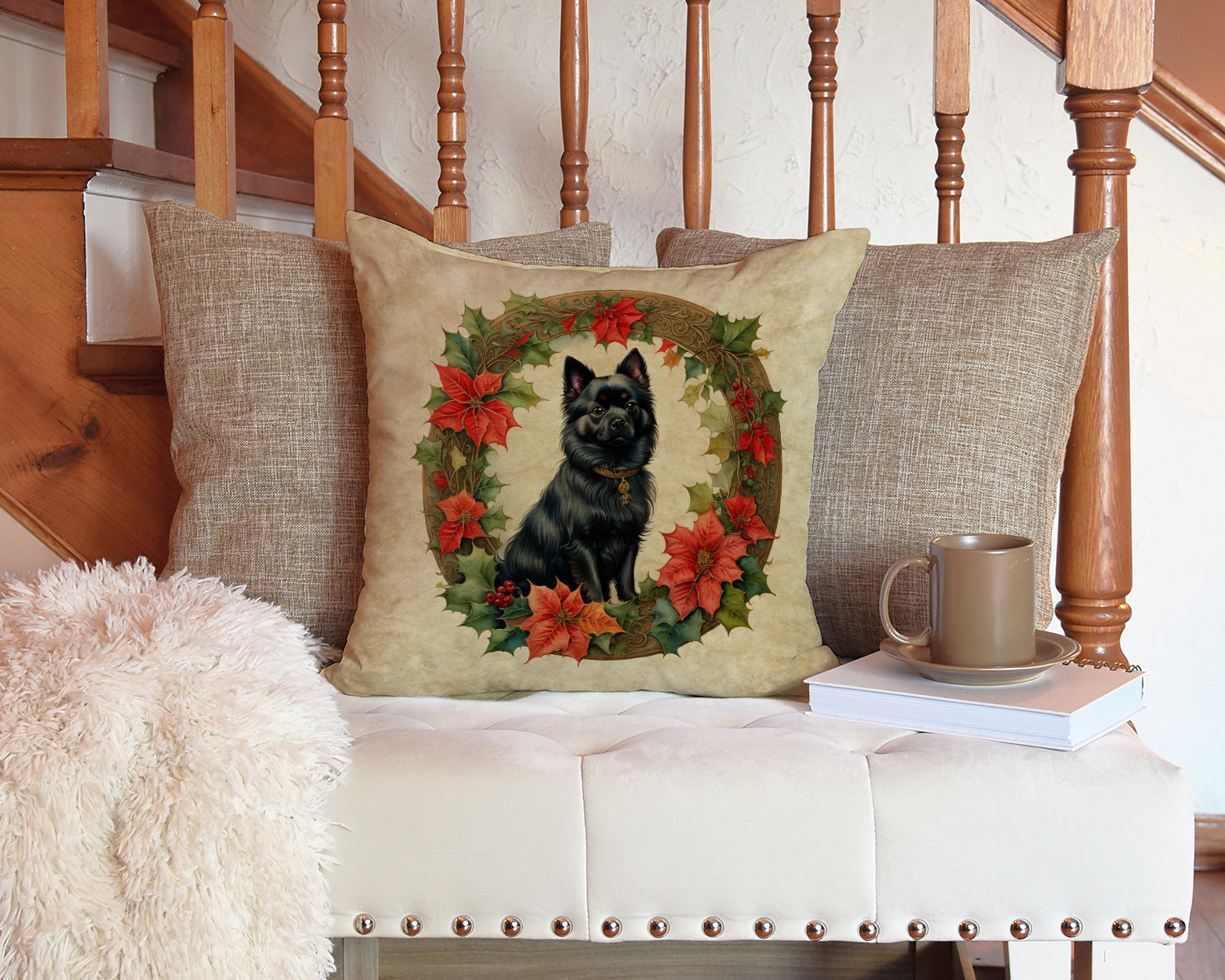 German Spitz Christmas Flowers Decorative Throw Pillow 14x14 Indoor Outdoor Accent Cushion, Fabric Cover with Insert for Sofa, Bed, Porch & Living Room
