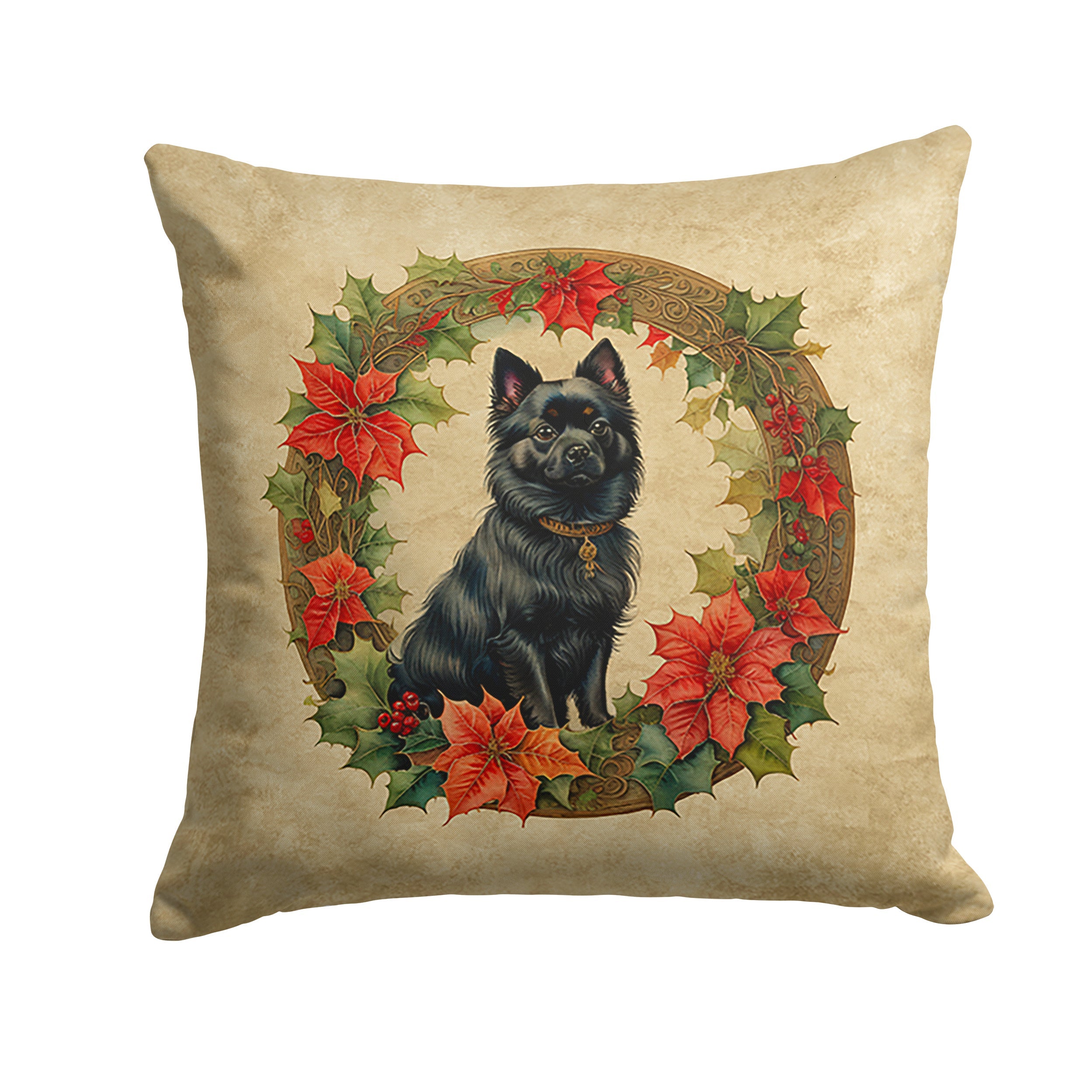 German Spitz Christmas Flowers Decorative Throw Pillow 18x18 Indoor Outdoor Accent Cushion, Fabric Cover with Insert for Sofa, Bed, Porch & Living Room