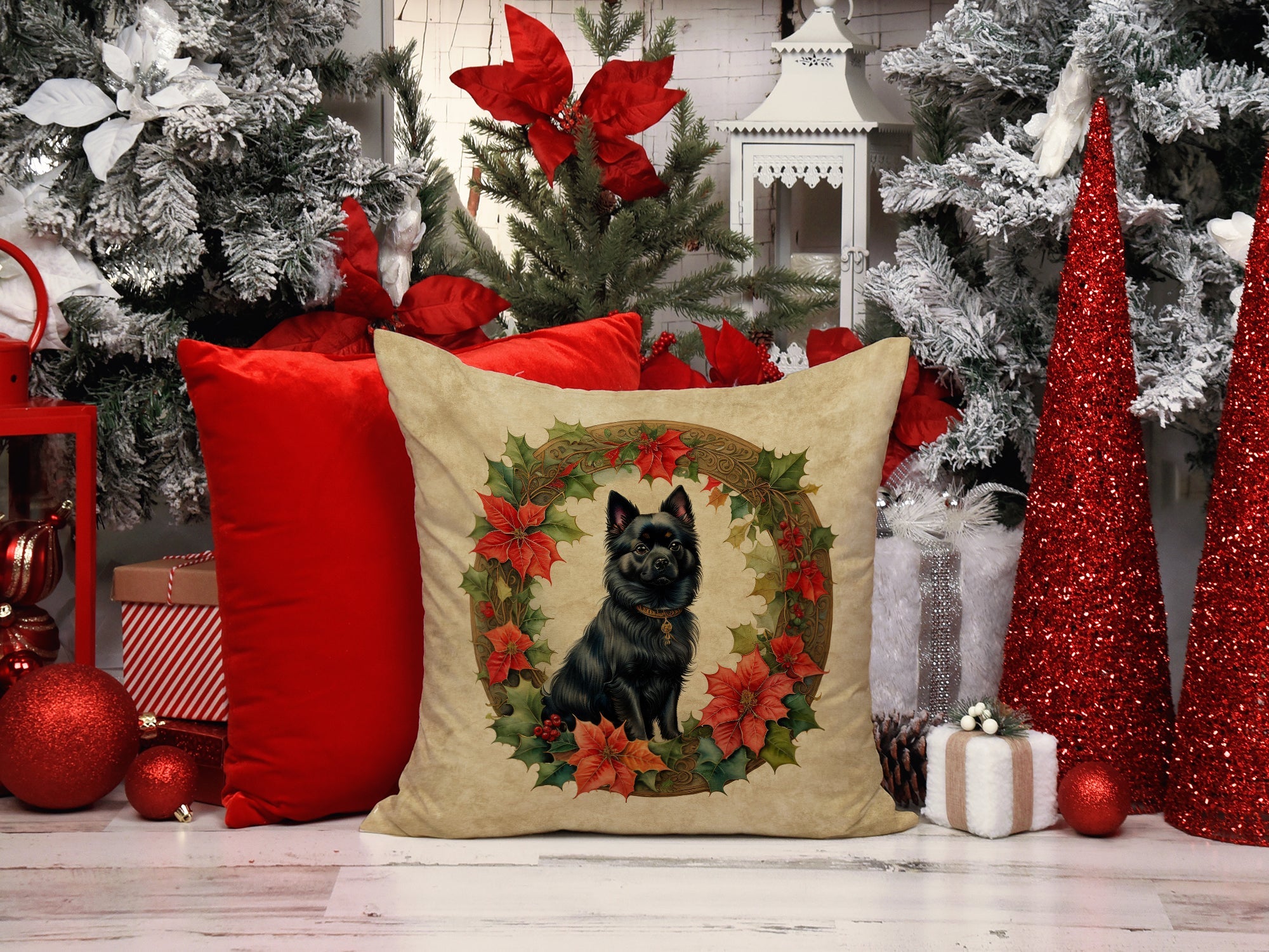 German Spitz Christmas Flowers Decorative Throw Pillow 18x18 Indoor Outdoor Accent Cushion, Fabric Cover with Insert for Sofa, Bed, Porch & Living Room