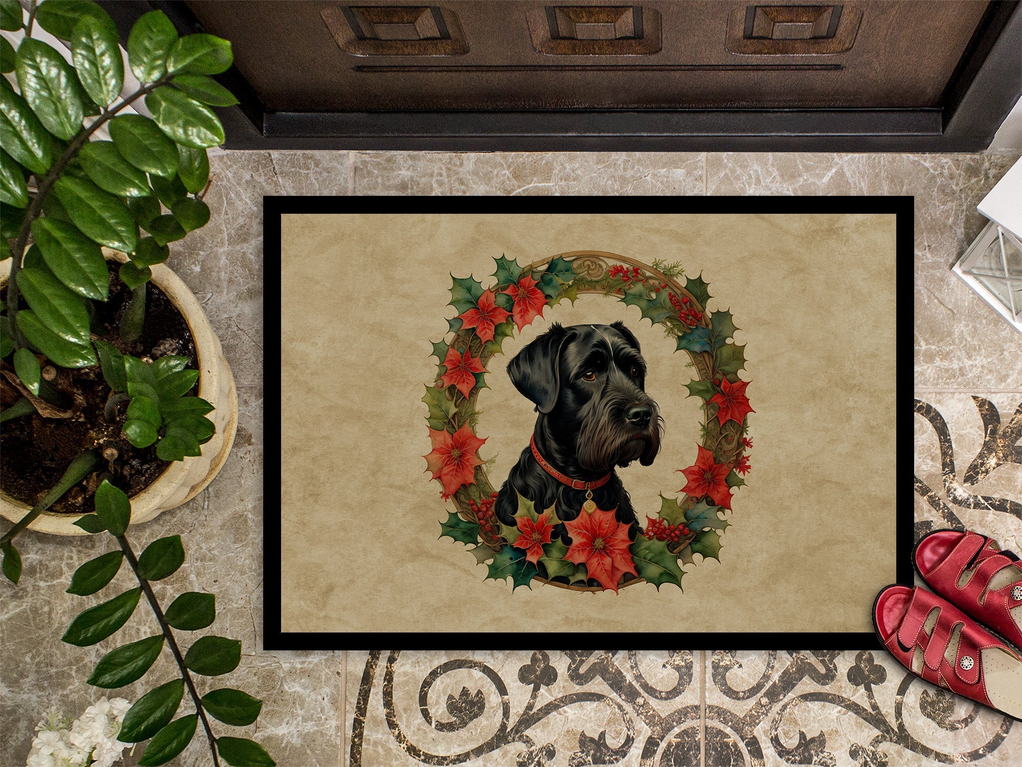 Giant Schnauzer Christmas Flowers Doormat Indoor Outdoor 18H X 27W Front Door Mat Rugs for Entryway, Non Slip Washable
