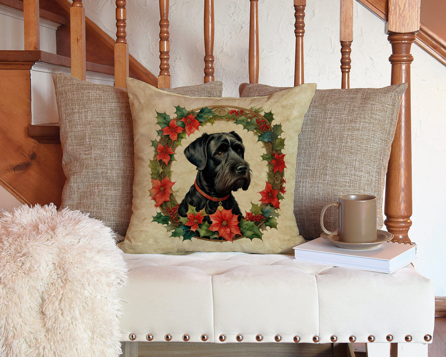 Giant Schnauzer Christmas Flowers Decorative Throw Pillow 14x14 Indoor Outdoor Accent Cushion, Fabric Cover with Insert for Sofa, Bed, Porch & Living Room