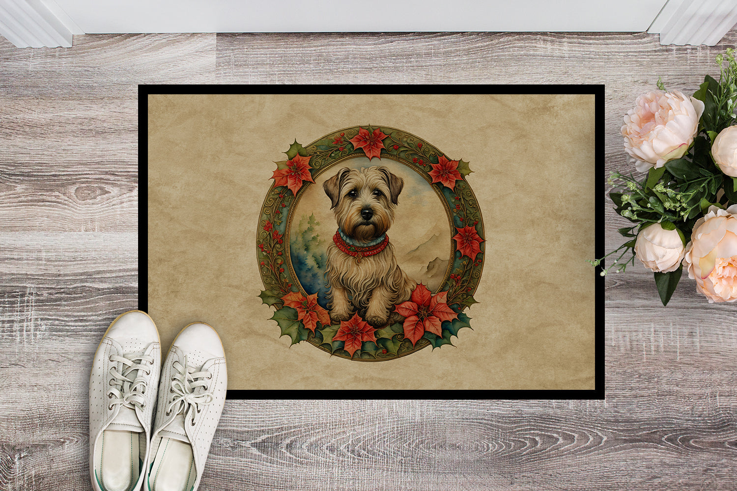 Glen of Imaal Terrier Christmas Flowers Doormat Indoor Outdoor 24H X 36W Front Door Mat Rugs for Entryway, Non Slip Washable Low Pile,
