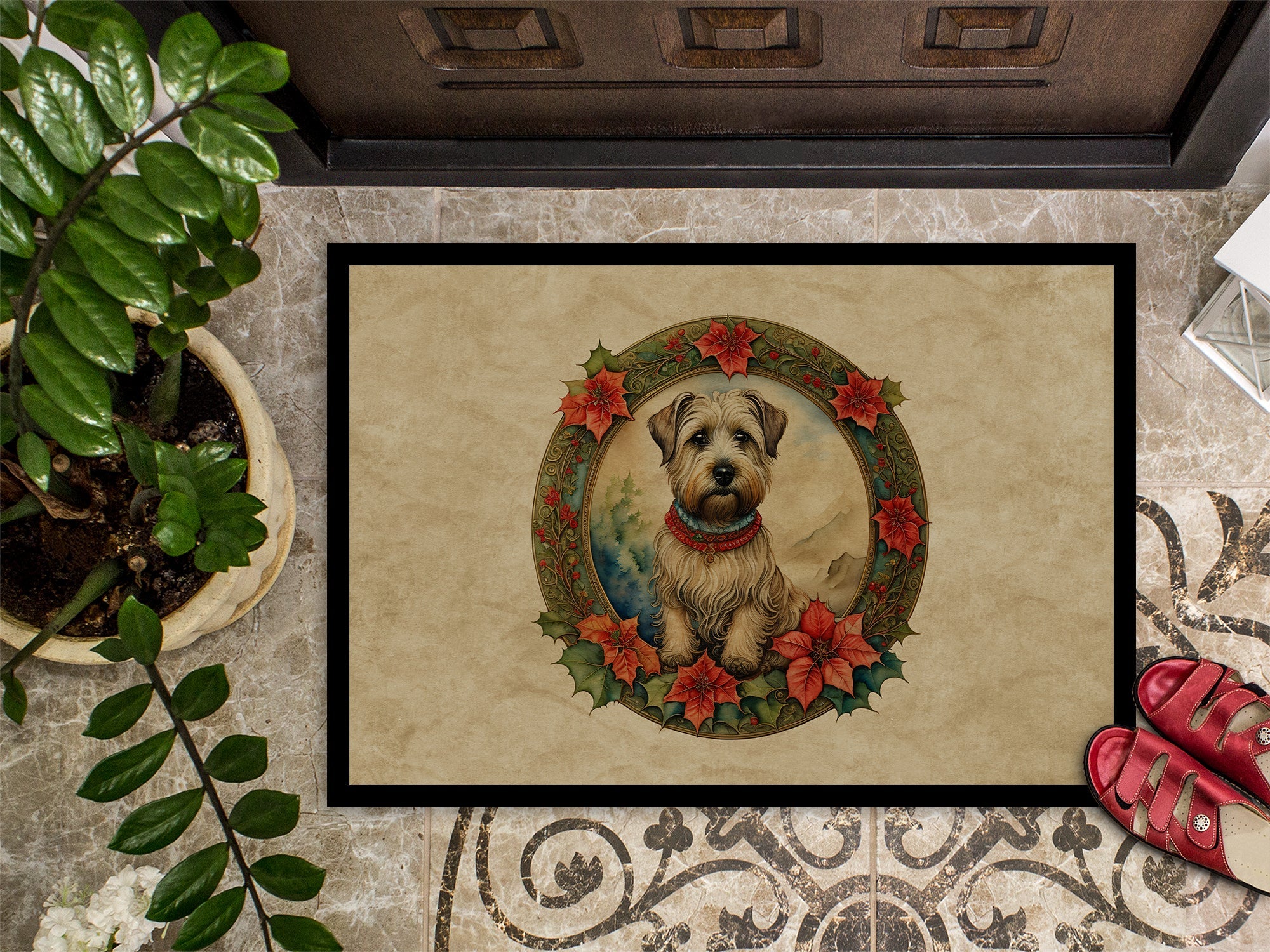 Glen of Imaal Terrier Christmas Flowers Doormat Indoor Outdoor 24H X 36W Front Door Mat Rugs for Entryway, Non Slip Washable Low Pile,