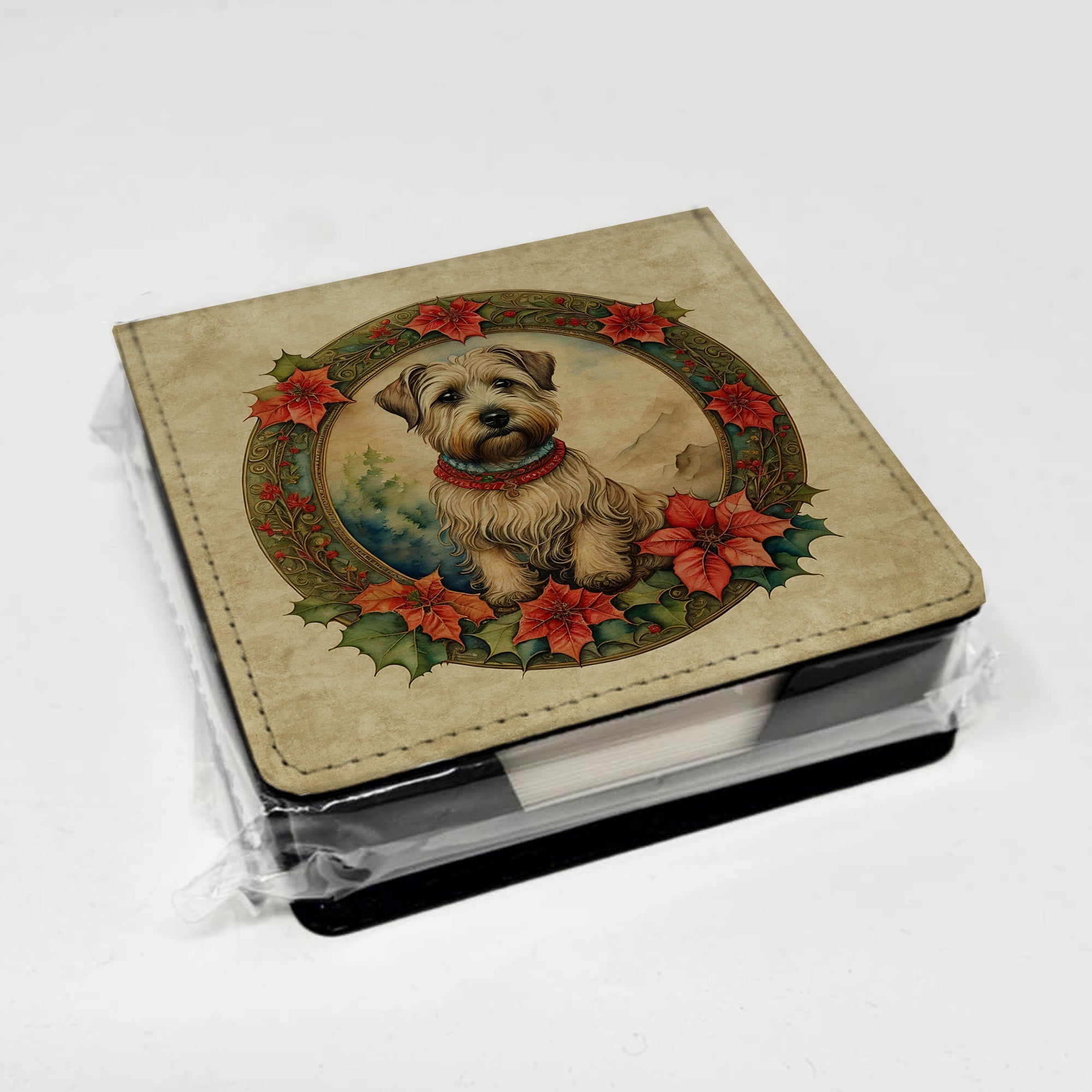 Glen of Imaal Terrier Christmas Flowers PU Leather Note Paper Holder with Artist-Designed Cover, Desk Accessory, Office Gift