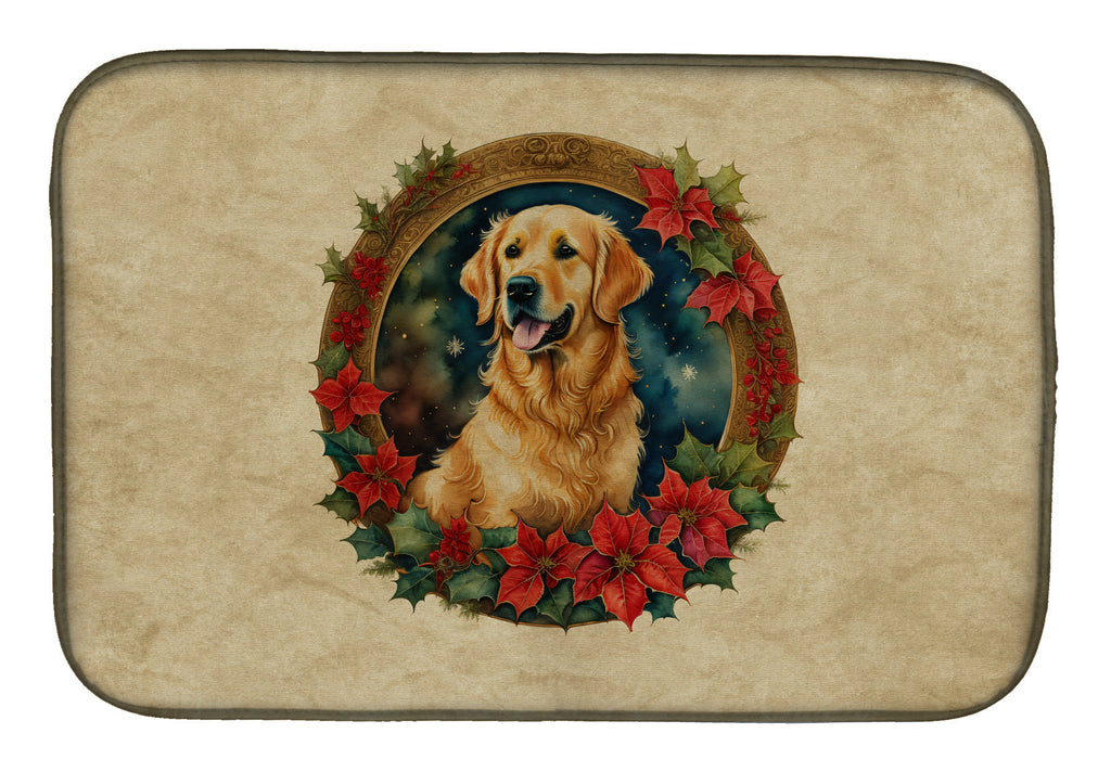 Golden Retriever Christmas Flowers Dish Drying Mat Absorbent Dish Drying Mat Pad for Kitchen Counter Dish Drainer Mat for Countertop, 14 x 21", Multicolor