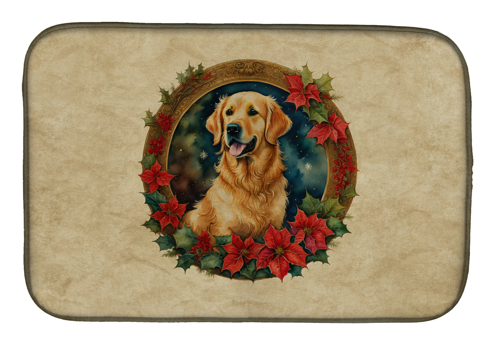 Golden Retriever Christmas Flowers Dish Drying Mat Absorbent Dish Drying Mat Pad for Kitchen Counter Dish Drainer Mat for Countertop, 14 x 21", Multicolor
