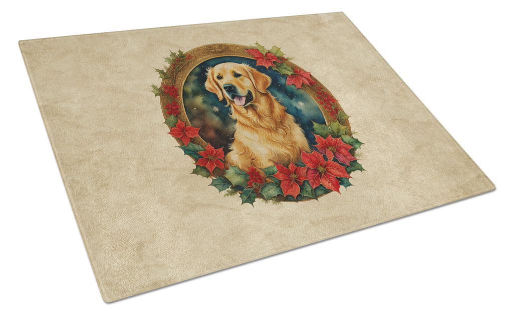 Golden Retriever Christmas Flowers Cutting Board Tempered Glass Kitchen Cutting Surface, Heat Resistant Chopping, Non-Slip Feet, Food Prep & Serving