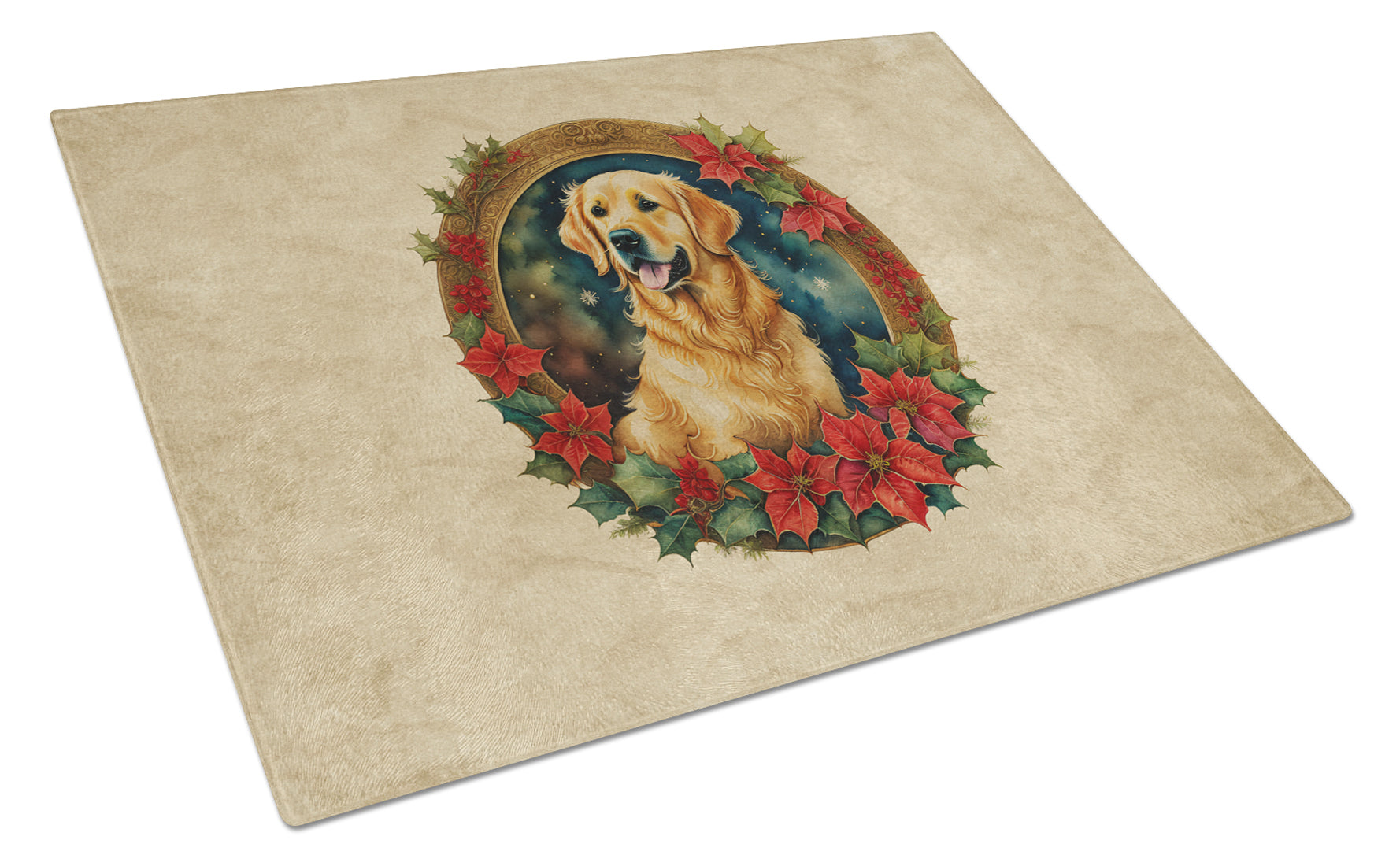 Golden Retriever Christmas Flowers Cutting Board Tempered Glass Kitchen Cutting Surface, Heat Resistant Chopping, Non-Slip Feet, Food Prep & Serving