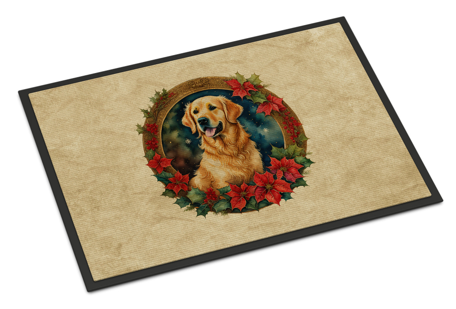 Golden Retriever Christmas Flowers Doormat Indoor Outdoor 18H X 27W Front Door Mat Rugs for Entryway, Non Slip Washable