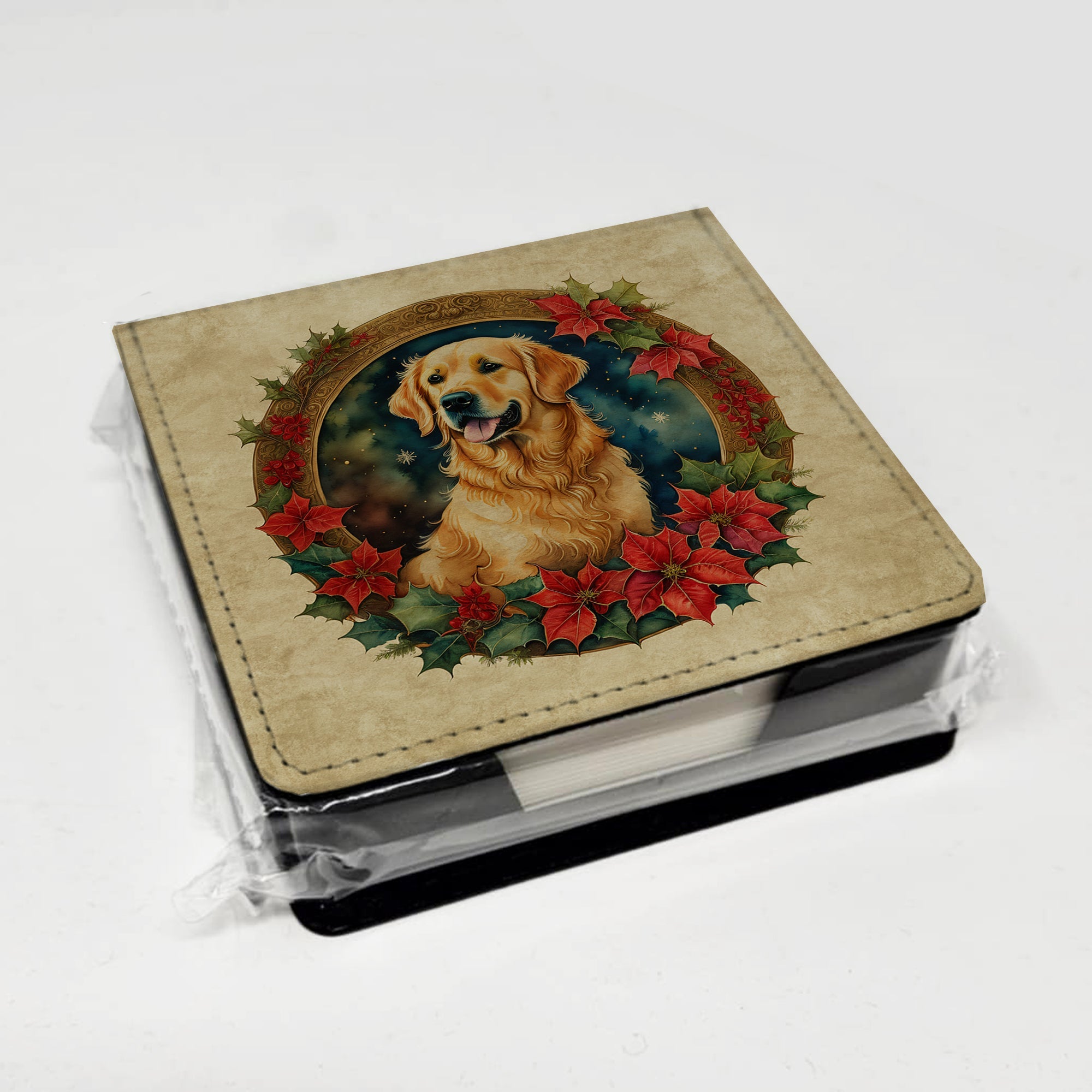 Golden Retriever Christmas Flowers PU Leather Note Paper Holder with Artist-Designed Cover, Desk Accessory, Office Gift