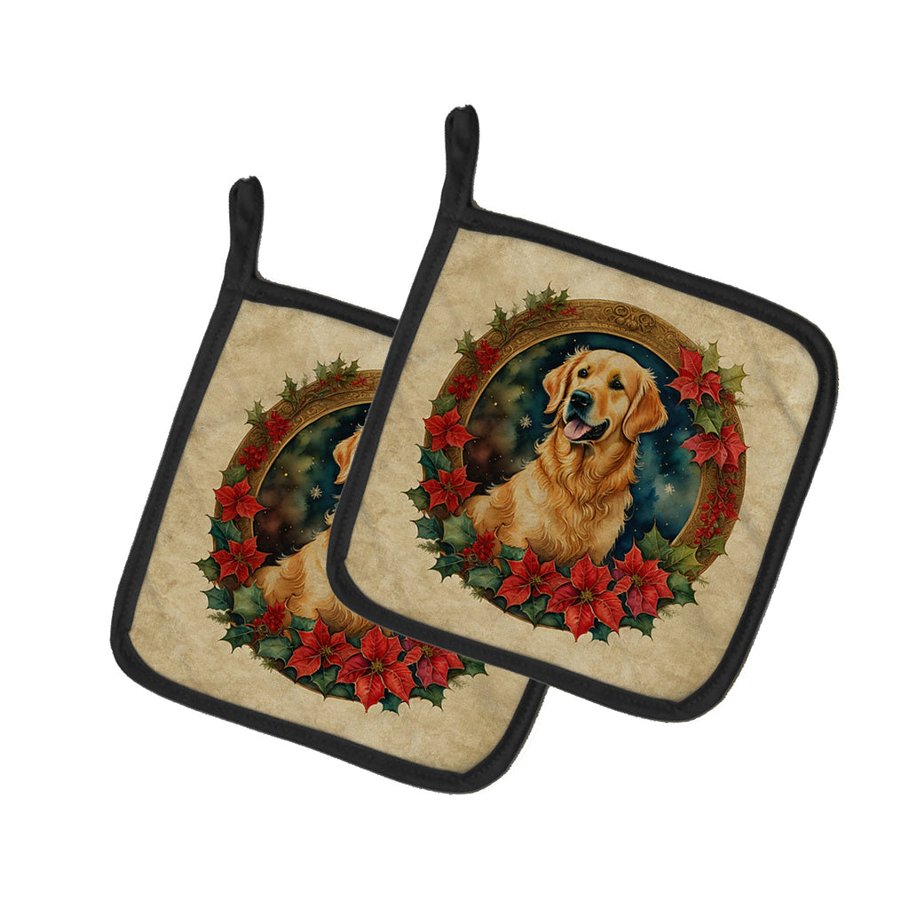 Golden Retriever Christmas Flowers Pot Holder Set of 2 Heat Resistant Quilted Hot Pads 7.5 x 7.5 Inch, Insulated Kitchen Trivets for Cooking & Baking