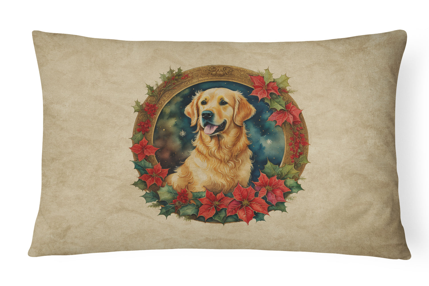 Golden Retriever Christmas Flowers Decorative Throw Pillow 12x16 Indoor Outdoor Accent Cushion, Fabric Cover with Insert for Sofa, Bed, Porch & Living Room