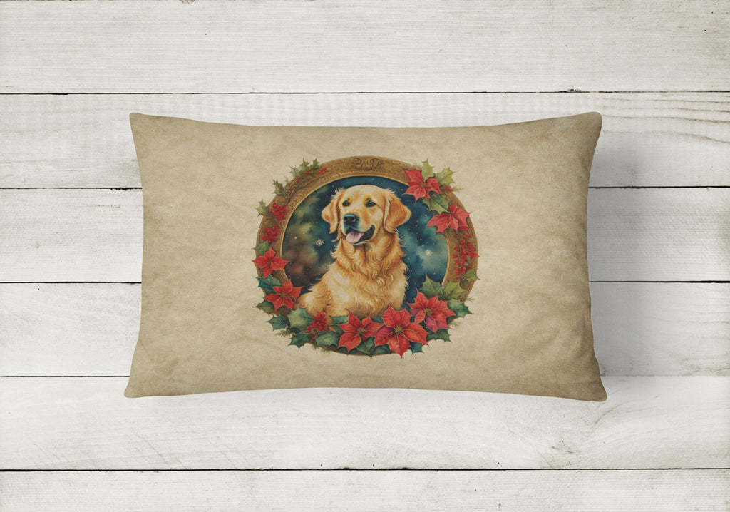 Golden Retriever Christmas Flowers Decorative Throw Pillow 12x16 Indoor Outdoor Accent Cushion, Fabric Cover with Insert for Sofa, Bed, Porch & Living Room