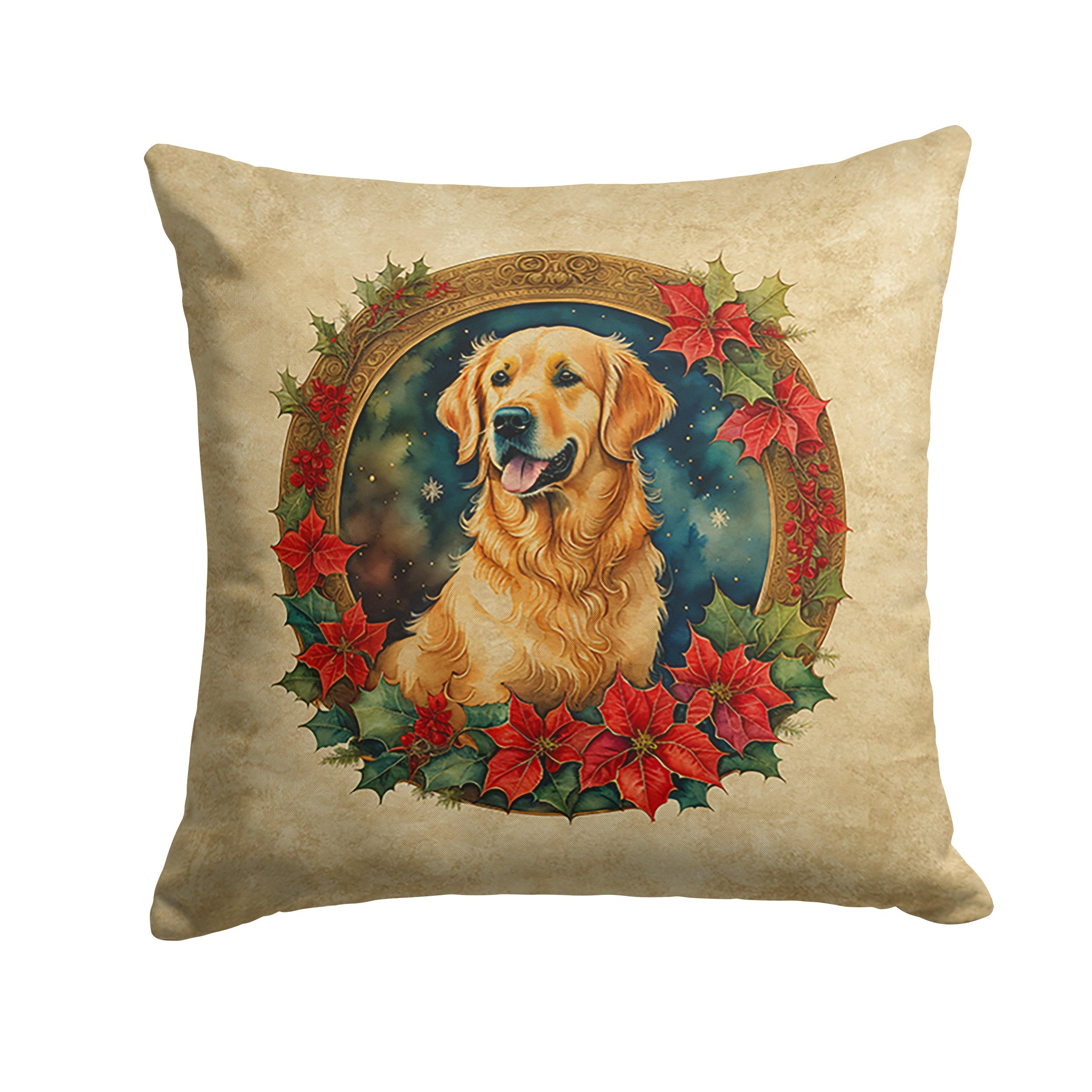 Golden Retriever Christmas Flowers Decorative Throw Pillow 14x14 Indoor Outdoor Accent Cushion, Fabric Cover with Insert for Sofa, Bed, Porch & Living Room