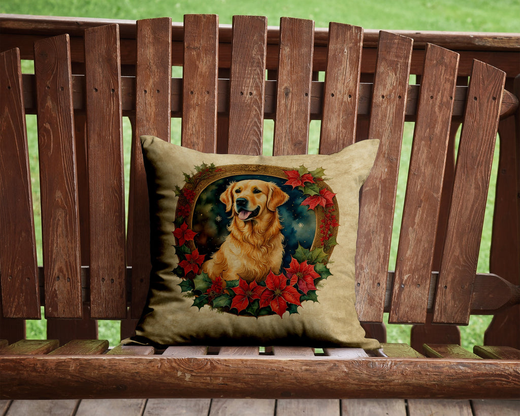 Golden Retriever Christmas Flowers Decorative Throw Pillow 14x14 Indoor Outdoor Accent Cushion, Fabric Cover with Insert for Sofa, Bed, Porch & Living Room