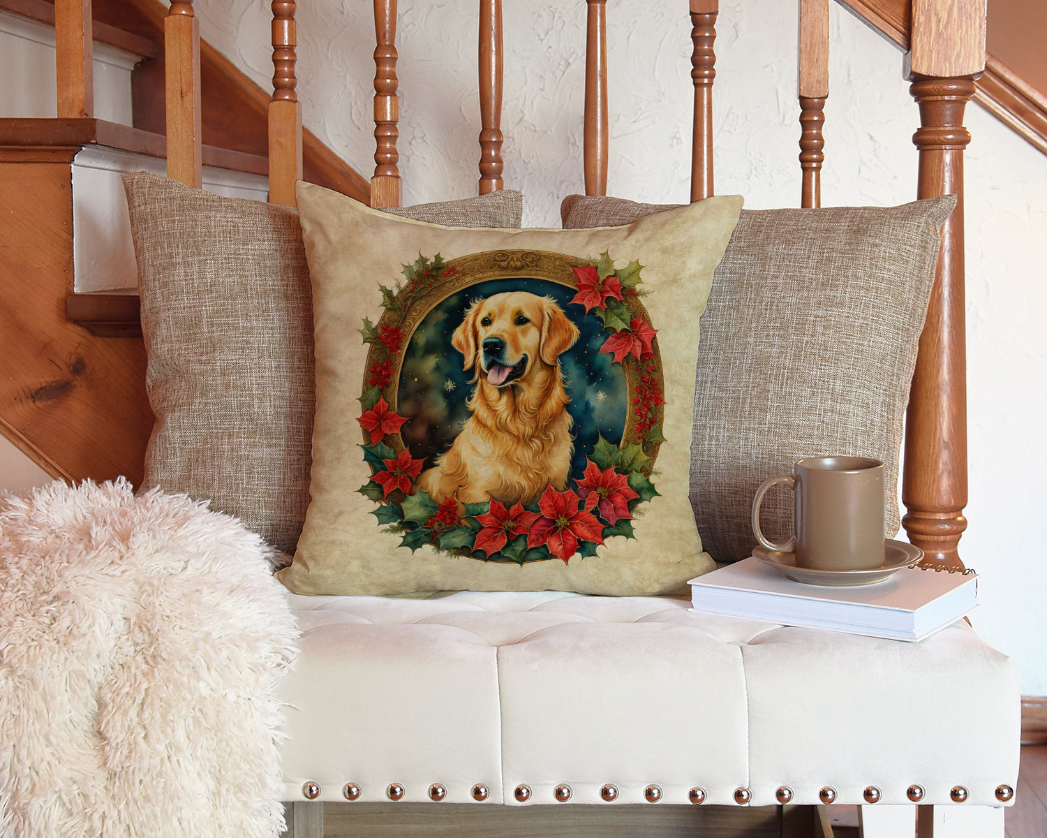 Golden Retriever Christmas Flowers Decorative Throw Pillow 14x14 Indoor Outdoor Accent Cushion, Fabric Cover with Insert for Sofa, Bed, Porch & Living Room