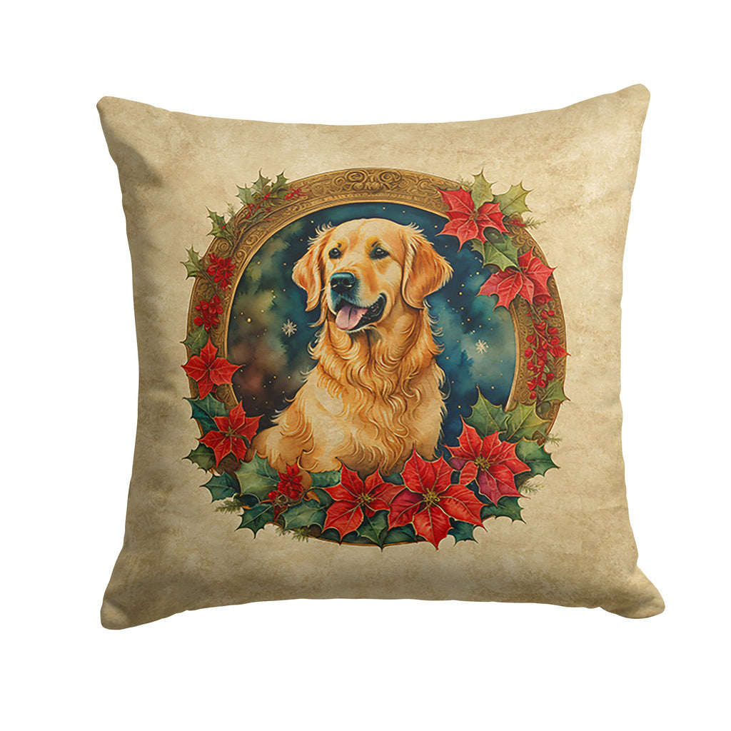 Golden Retriever Christmas Flowers Decorative Throw Pillow 18x18 Indoor Outdoor Accent Cushion, Fabric Cover with Insert for Sofa, Bed, Porch & Living Room