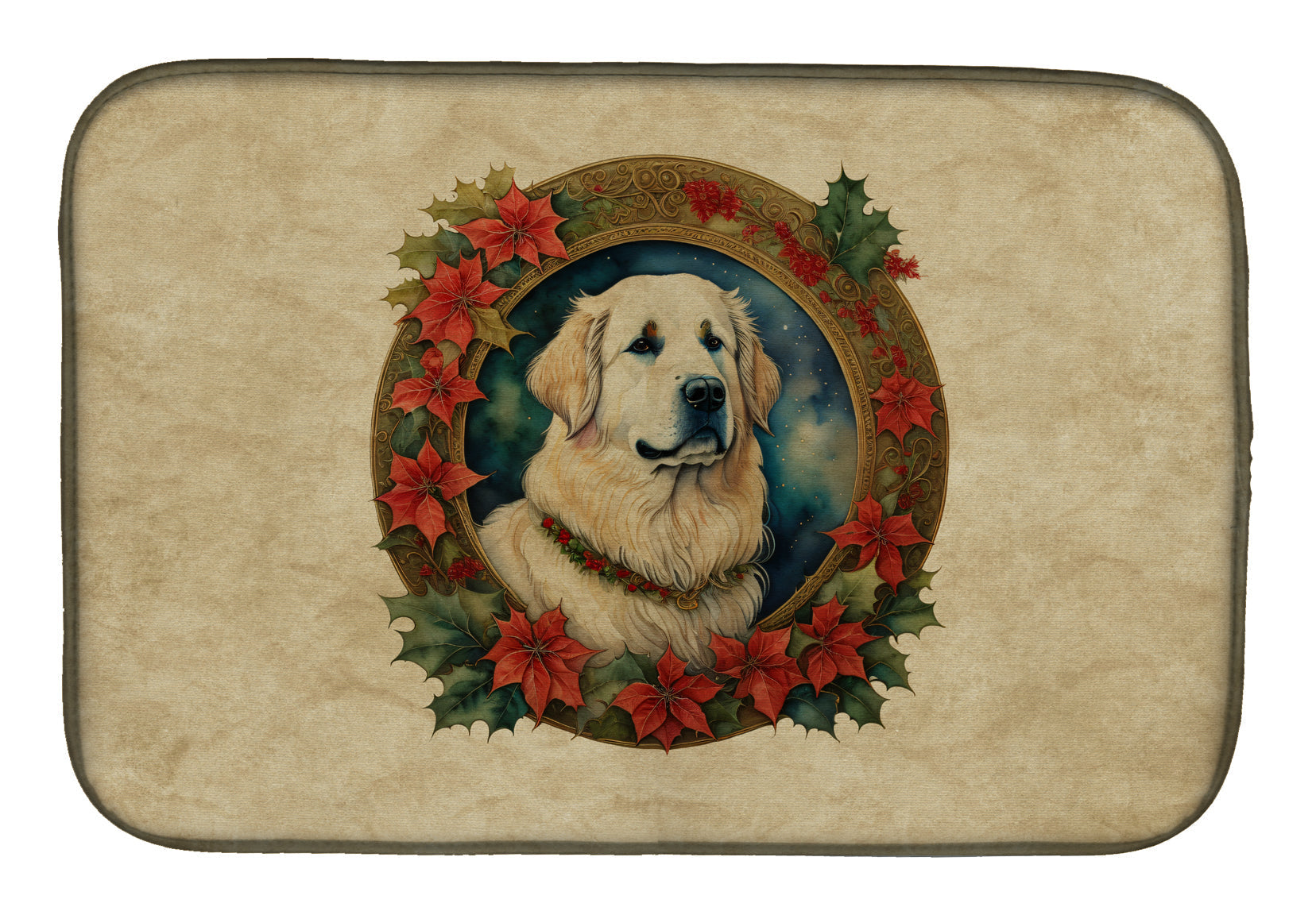 Great Pyrenees Christmas Flowers Dish Drying Mat Absorbent Dish Drying Mat Pad for Kitchen Counter Dish Drainer Mat for Countertop, 14 x 21", Multicolor