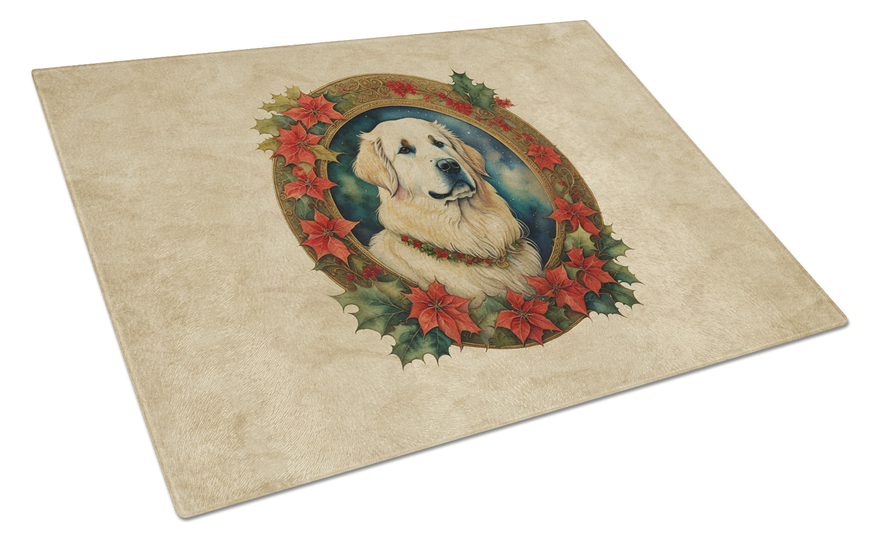 Great Pyrenees Christmas Flowers Cutting Board Tempered Glass Kitchen Cutting Surface, Heat Resistant Chopping, Non-Slip Feet, Food Prep & Serving