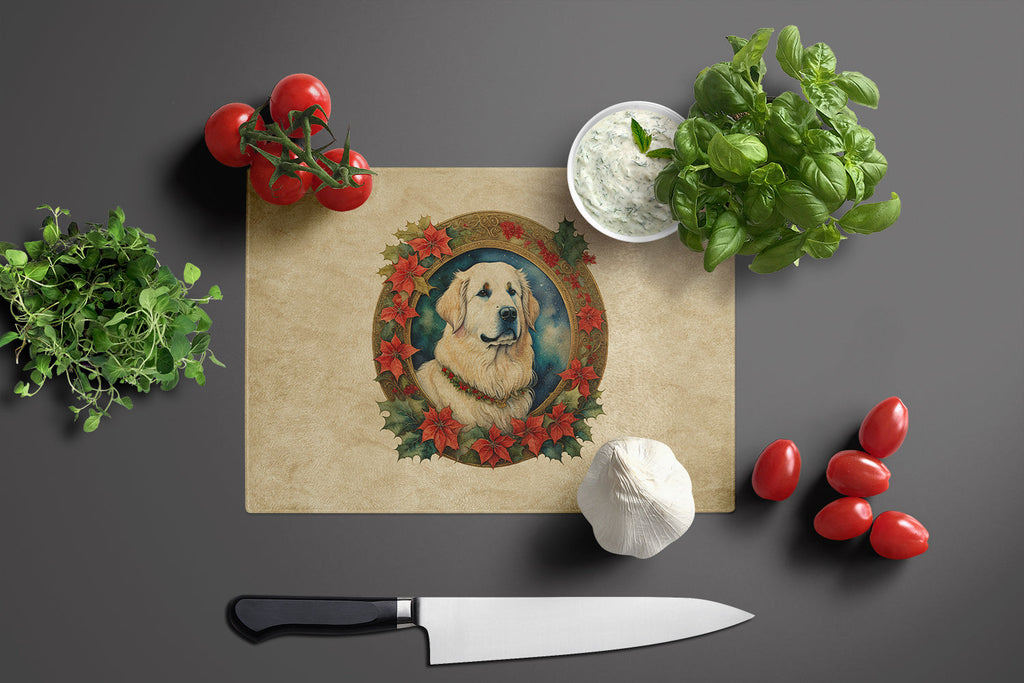 Great Pyrenees Christmas Flowers Cutting Board Tempered Glass Kitchen Cutting Surface, Heat Resistant Chopping, Non-Slip Feet, Food Prep & Serving