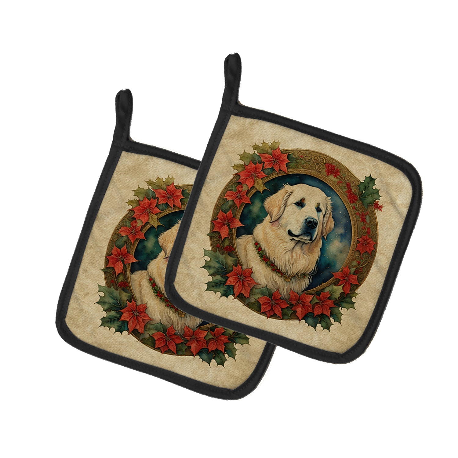 Great Pyrenees Christmas Flowers Pot Holder Set of 2 Heat Resistant Quilted Hot Pads 7.5 x 7.5 Inch, Insulated Kitchen Trivets for Cooking & Baking