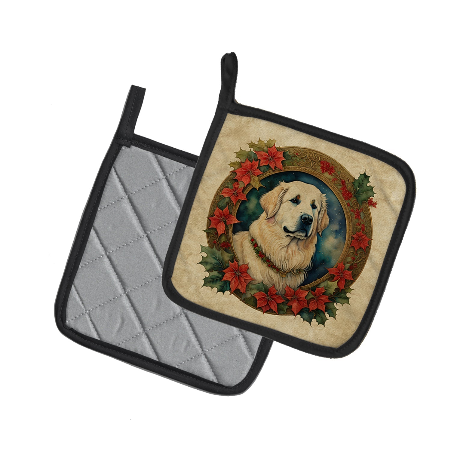 Great Pyrenees Christmas Flowers Pot Holder Set of 2 Heat Resistant Quilted Hot Pads 7.5 x 7.5 Inch, Insulated Kitchen Trivets for Cooking & Baking
