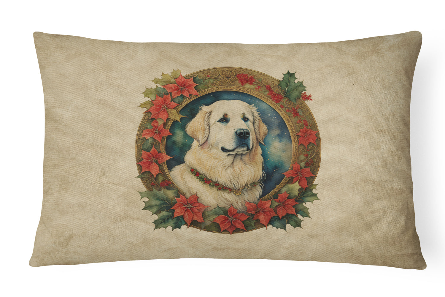 Great Pyrenees Christmas Flowers Decorative Throw Pillow 12x16 Indoor Outdoor Accent Cushion, Fabric Cover with Insert for Sofa, Bed, Porch & Living Room
