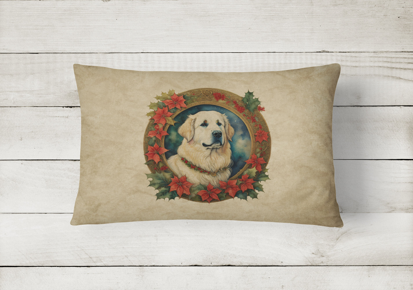 Great Pyrenees Christmas Flowers Decorative Throw Pillow 12x16 Indoor Outdoor Accent Cushion, Fabric Cover with Insert for Sofa, Bed, Porch & Living Room