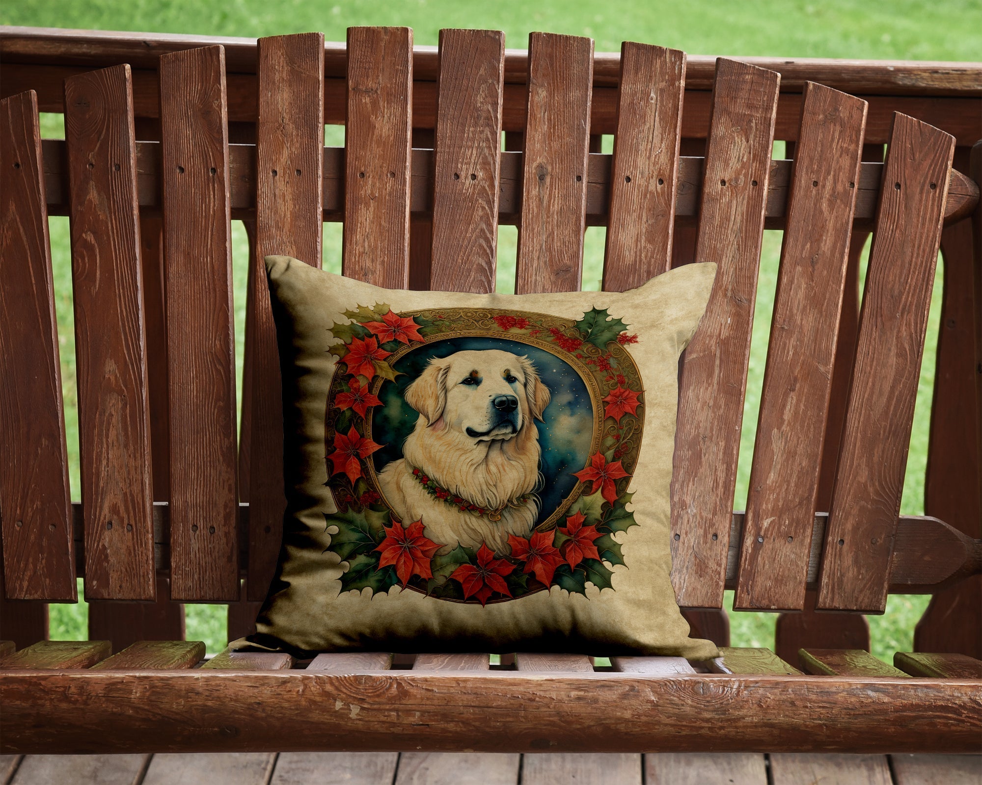 Great Pyrenees Christmas Flowers Decorative Throw Pillow 14x14 Indoor Outdoor Accent Cushion, Fabric Cover with Insert for Sofa, Bed, Porch & Living Room