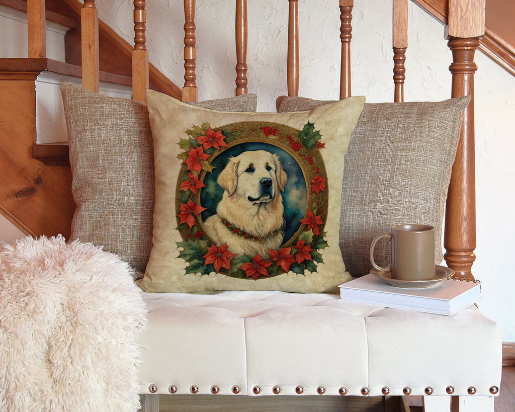 Great Pyrenees Christmas Flowers Decorative Throw Pillow 14x14 Indoor Outdoor Accent Cushion, Fabric Cover with Insert for Sofa, Bed, Porch & Living Room
