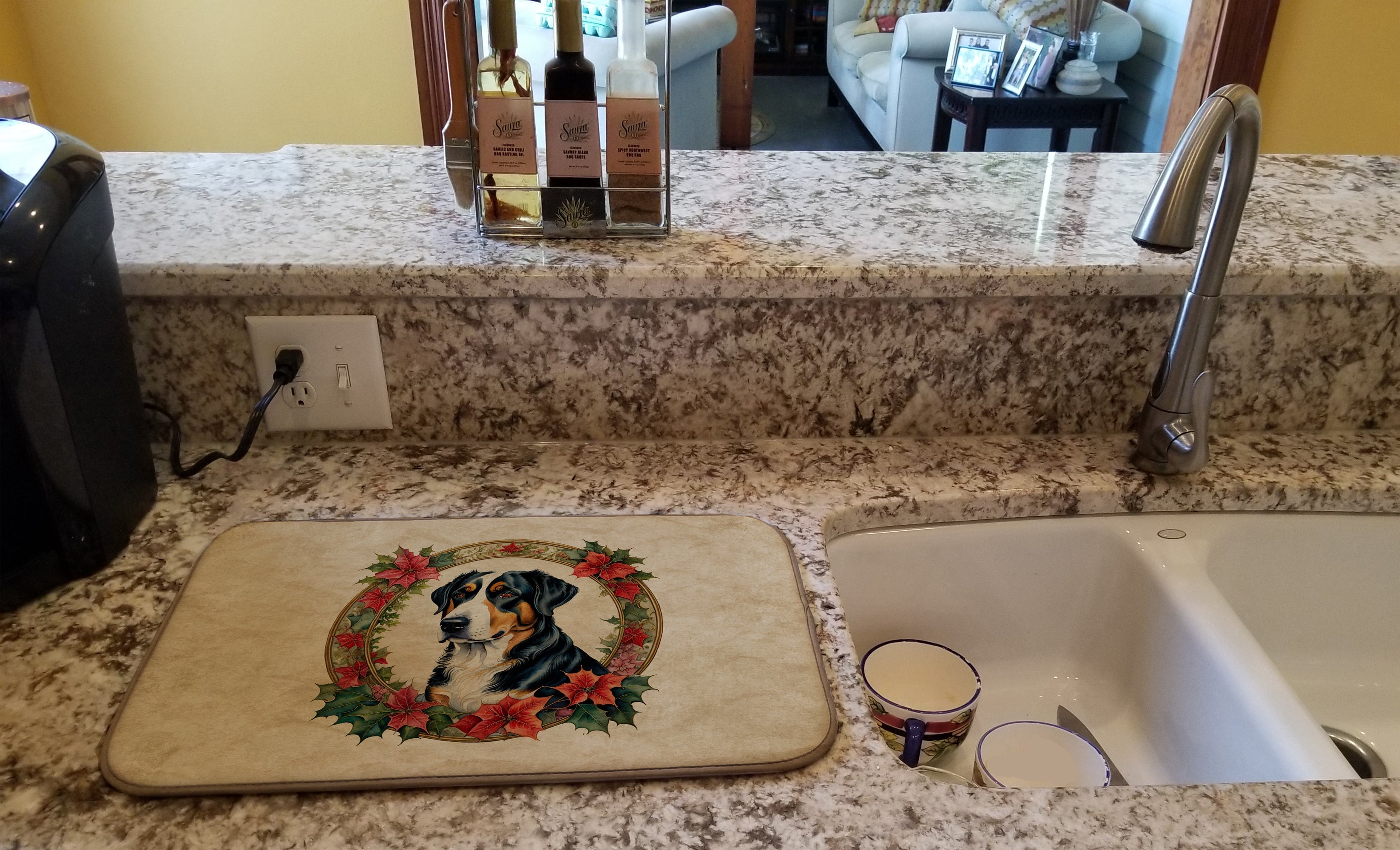 Greater Swiss Mountain Dog Christmas Flowers Dish Drying Mat Absorbent Dish Drying Mat Pad for Kitchen Counter Dish Drainer Mat for Countertop, 14 x 21", Multicolor
