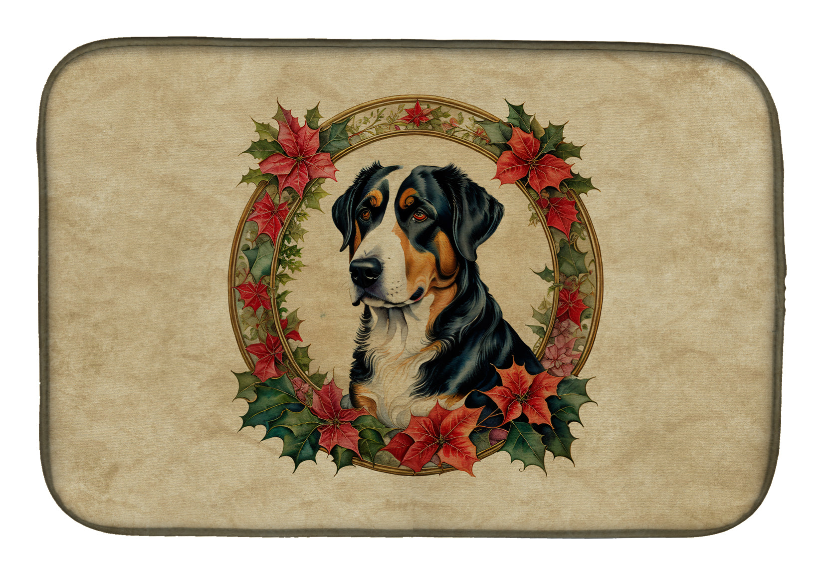 Greater Swiss Mountain Dog Christmas Flowers Dish Drying Mat Absorbent Dish Drying Mat Pad for Kitchen Counter Dish Drainer Mat for Countertop, 14 x 21", Multicolor