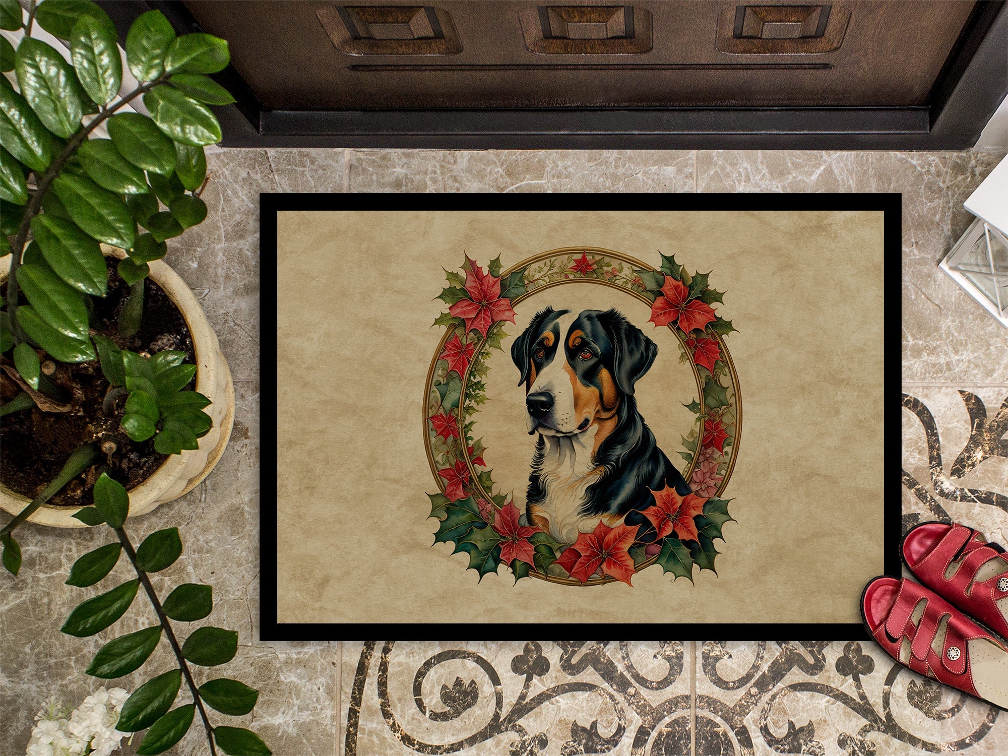Greater Swiss Mountain Dog Christmas Flowers Doormat Indoor Outdoor 24H X 36W Front Door Mat Rugs for Entryway, Non Slip Washable Low Pile,