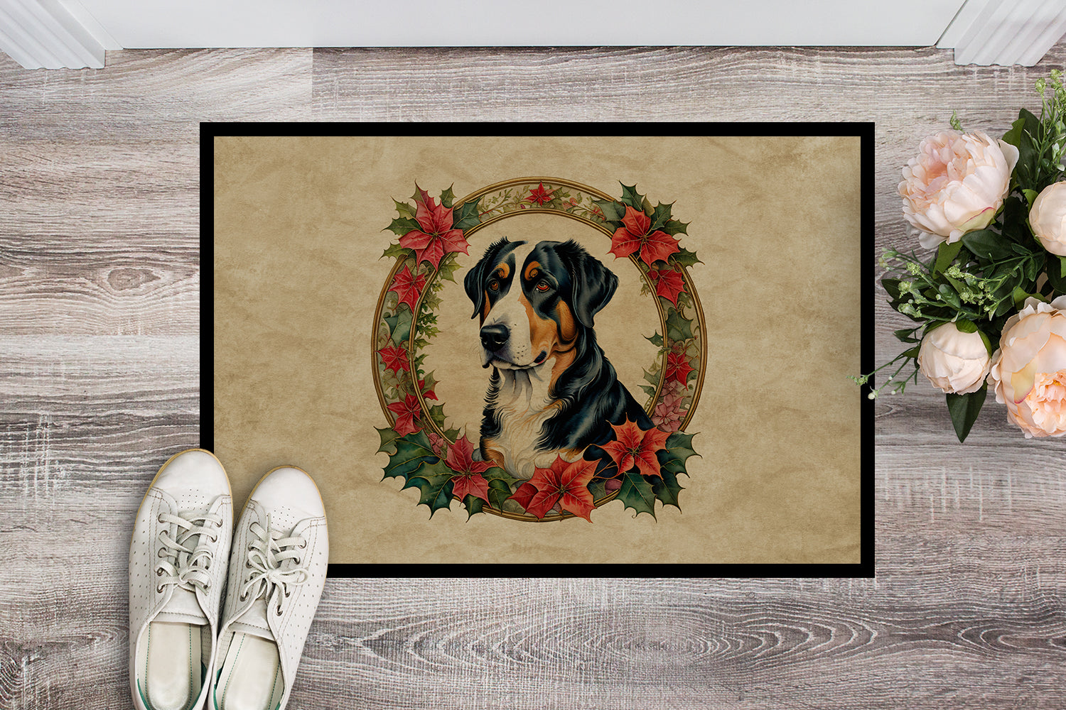 Greater Swiss Mountain Dog Christmas Flowers Doormat Indoor Outdoor 18H X 27W Front Door Mat Rugs for Entryway, Non Slip Washable