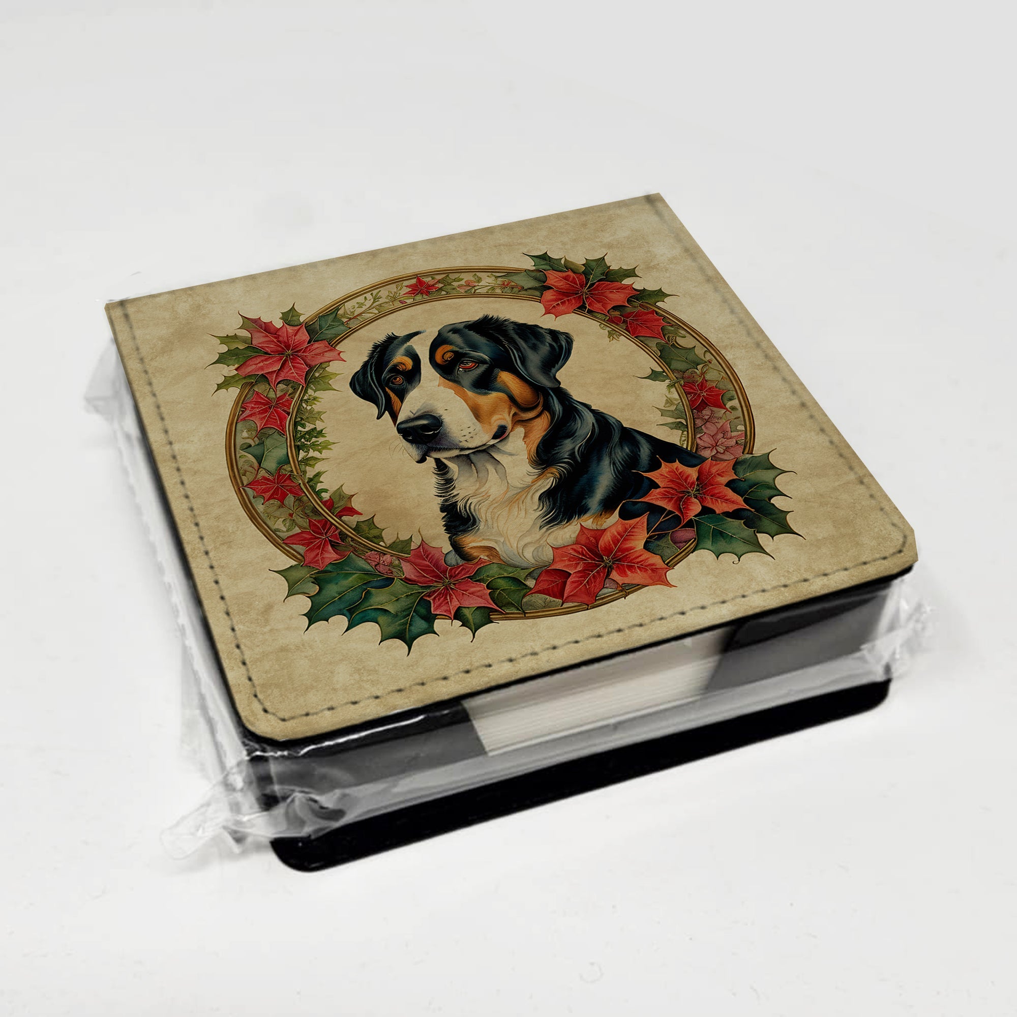 Greater Swiss Mountain Dog Christmas Flowers PU Leather Note Paper Holder with Artist-Designed Cover, Desk Accessory, Office Gift