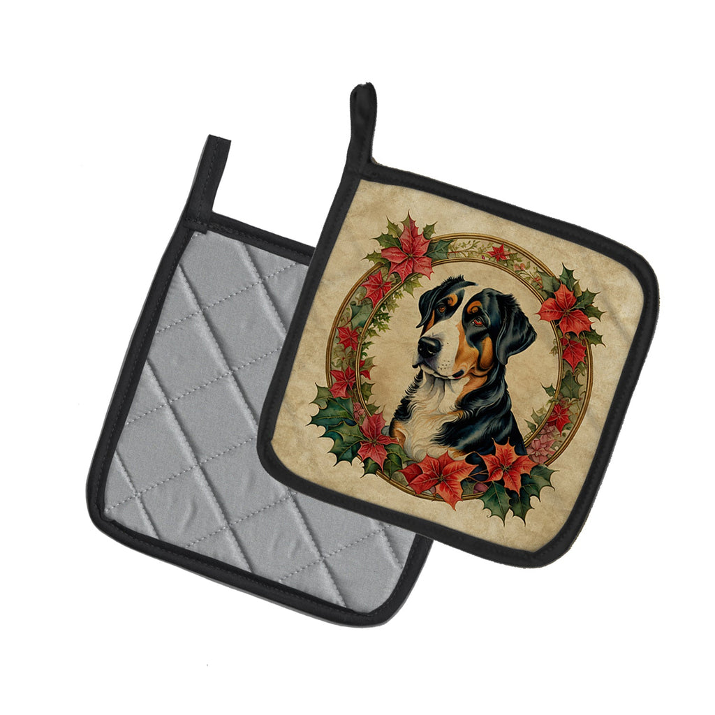 Greater Swiss Mountain Dog Christmas Flowers Pot Holder Set of 2 Heat Resistant Quilted Hot Pads 7.5 x 7.5 Inch, Insulated Kitchen Trivets for Cooking & Baking