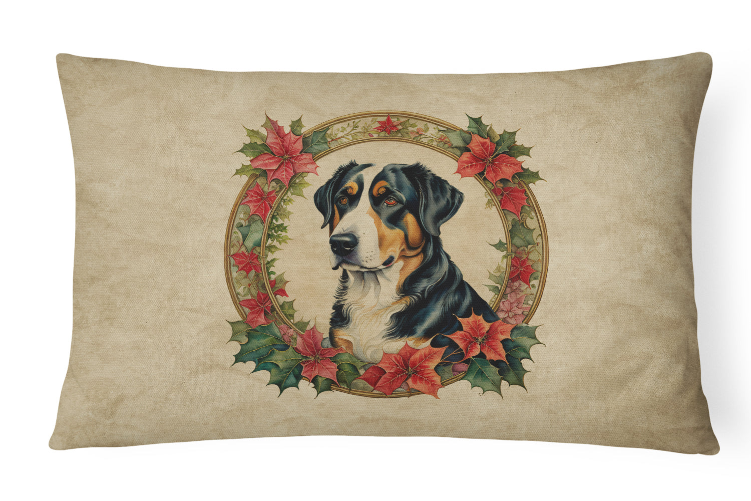 Greater Swiss Mountain Dog Christmas Flowers Decorative Throw Pillow 12x16 Indoor Outdoor Accent Cushion, Fabric Cover with Insert for Sofa, Bed, Porch & Living Room