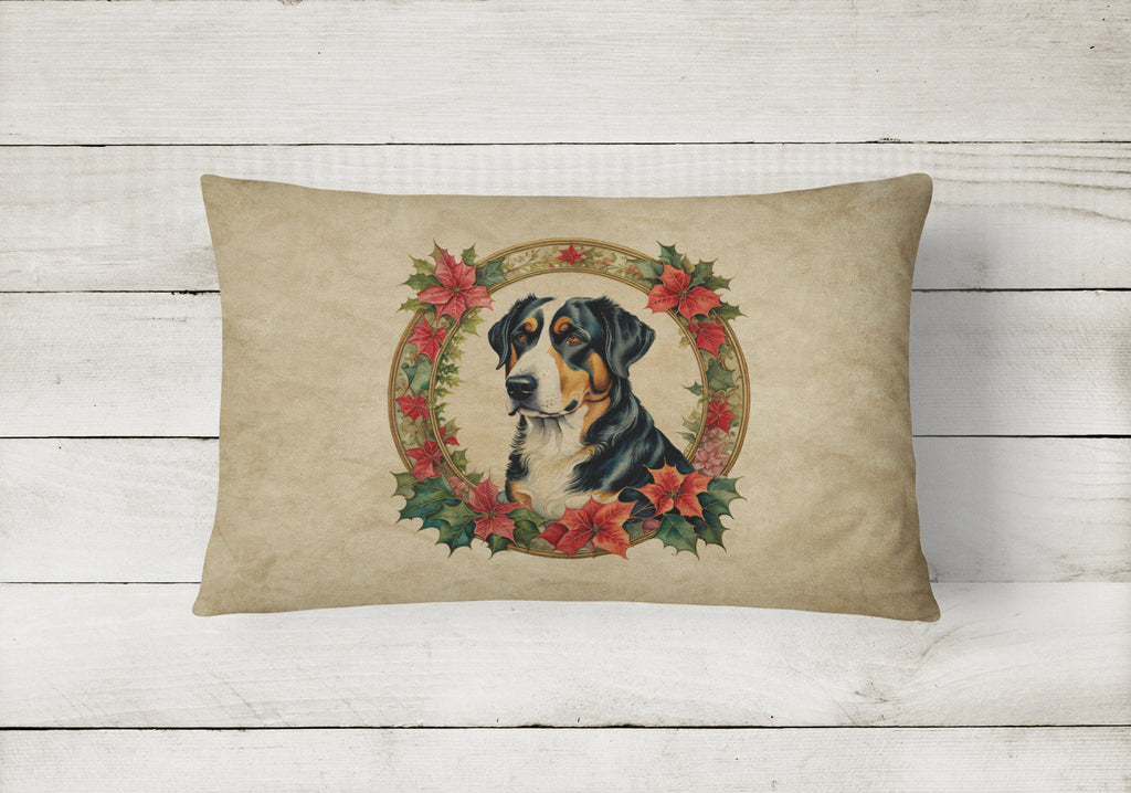 Greater Swiss Mountain Dog Christmas Flowers Decorative Throw Pillow 12x16 Indoor Outdoor Accent Cushion, Fabric Cover with Insert for Sofa, Bed, Porch & Living Room