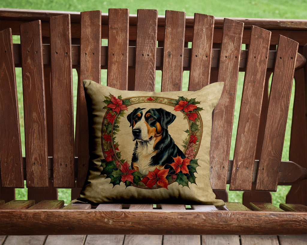 Greater Swiss Mountain Dog Christmas Flowers Decorative Throw Pillow 14x14 Indoor Outdoor Accent Cushion, Fabric Cover with Insert for Sofa, Bed, Porch & Living Room