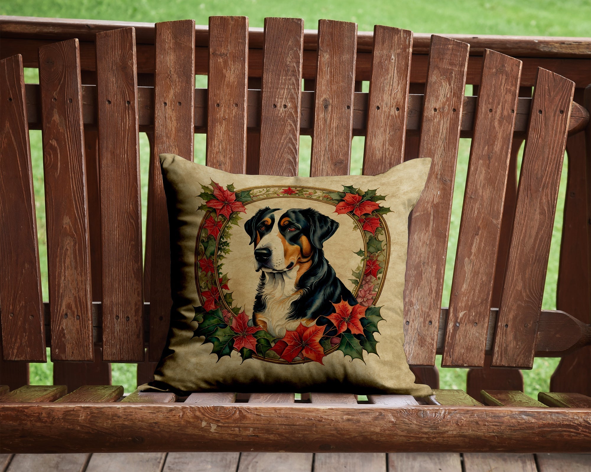Greater Swiss Mountain Dog Christmas Flowers Decorative Throw Pillow 14x14 Indoor Outdoor Accent Cushion, Fabric Cover with Insert for Sofa, Bed, Porch & Living Room