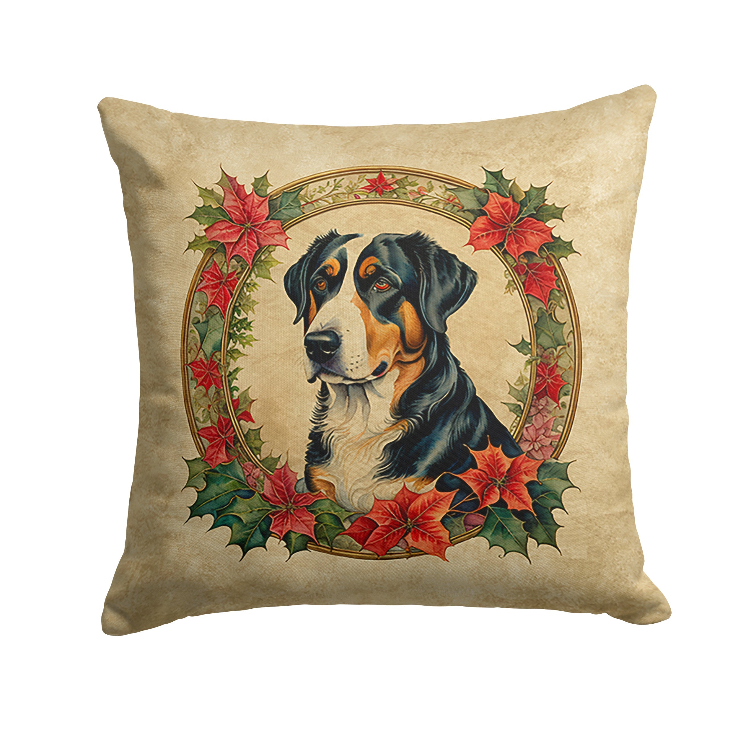 Greater Swiss Mountain Dog Christmas Flowers Decorative Throw Pillow 18x18 Indoor Outdoor Accent Cushion, Fabric Cover with Insert for Sofa, Bed, Porch & Living Room