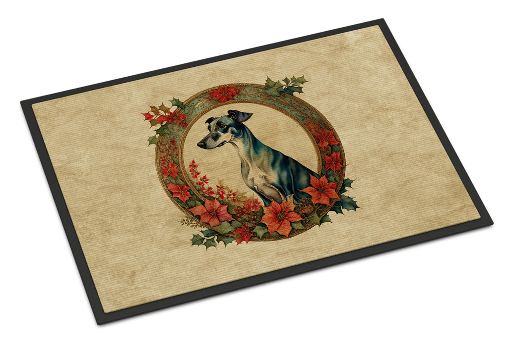 Greyhound Christmas Flowers Doormat Indoor Outdoor 24H X 36W Front Door Mat Rugs for Entryway, Non Slip Washable Low Pile,